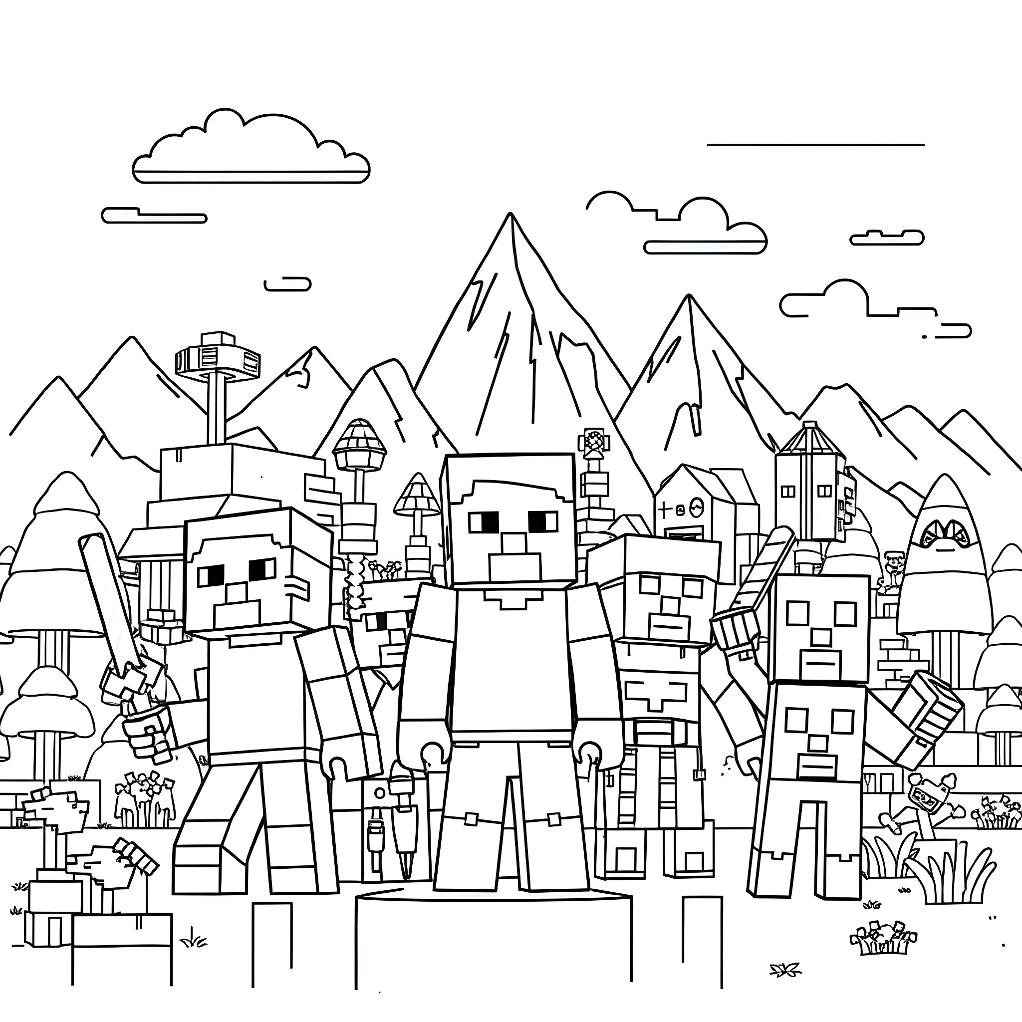 Minecraft Character Exploring the Mountain Village Coloring Page (free black-and-white line drawing printable PDF for all, from beginners to advanced learners, including children, teens, adults, and seniors)