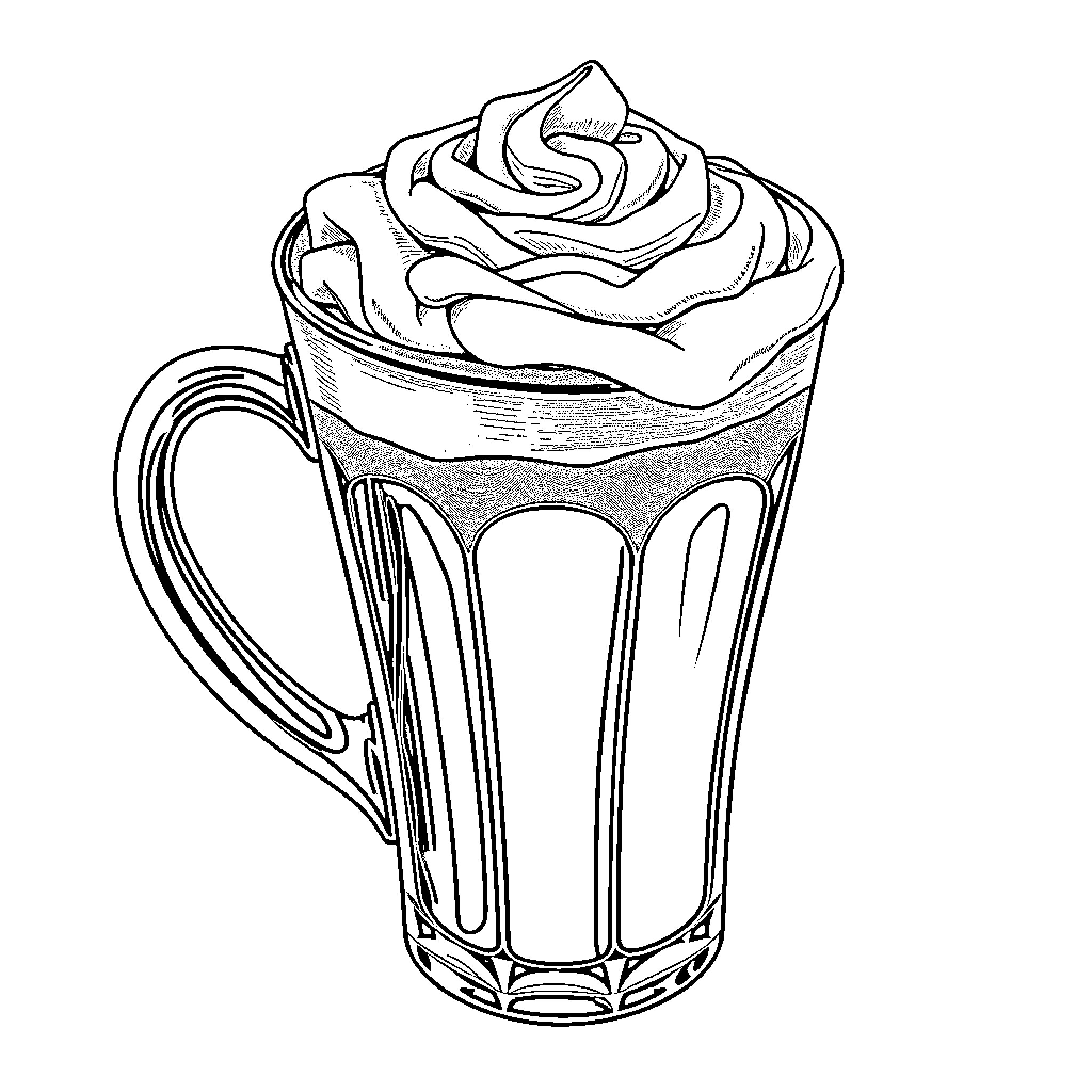 Cappuccino with Decorative Foam in Glass Mug Coloring Page (free black-and-white line drawing printable PDF for all, from beginners to advanced learners, including children, teens, adults, and seniors)