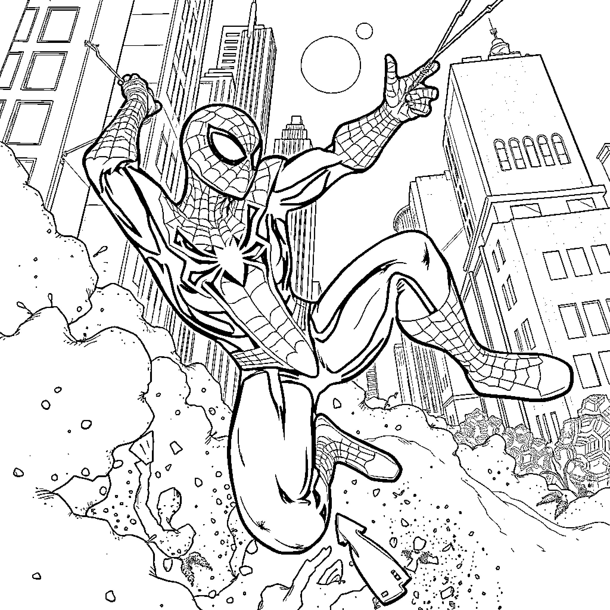 Spider-Man swinging heroically through the city Coloring Page (free black-and-white line drawing printable PDF for all, from beginners to advanced learners, including children, teens, adults, and seniors)