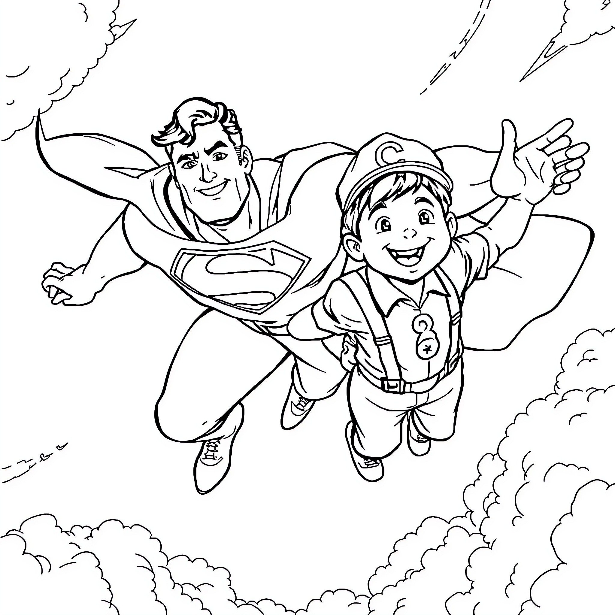 Superman saves excited young boy from disaster Coloring Page (free black-and-white line drawing printable PDF for all, from beginners to advanced learners, including children, teens, adults, and seniors)