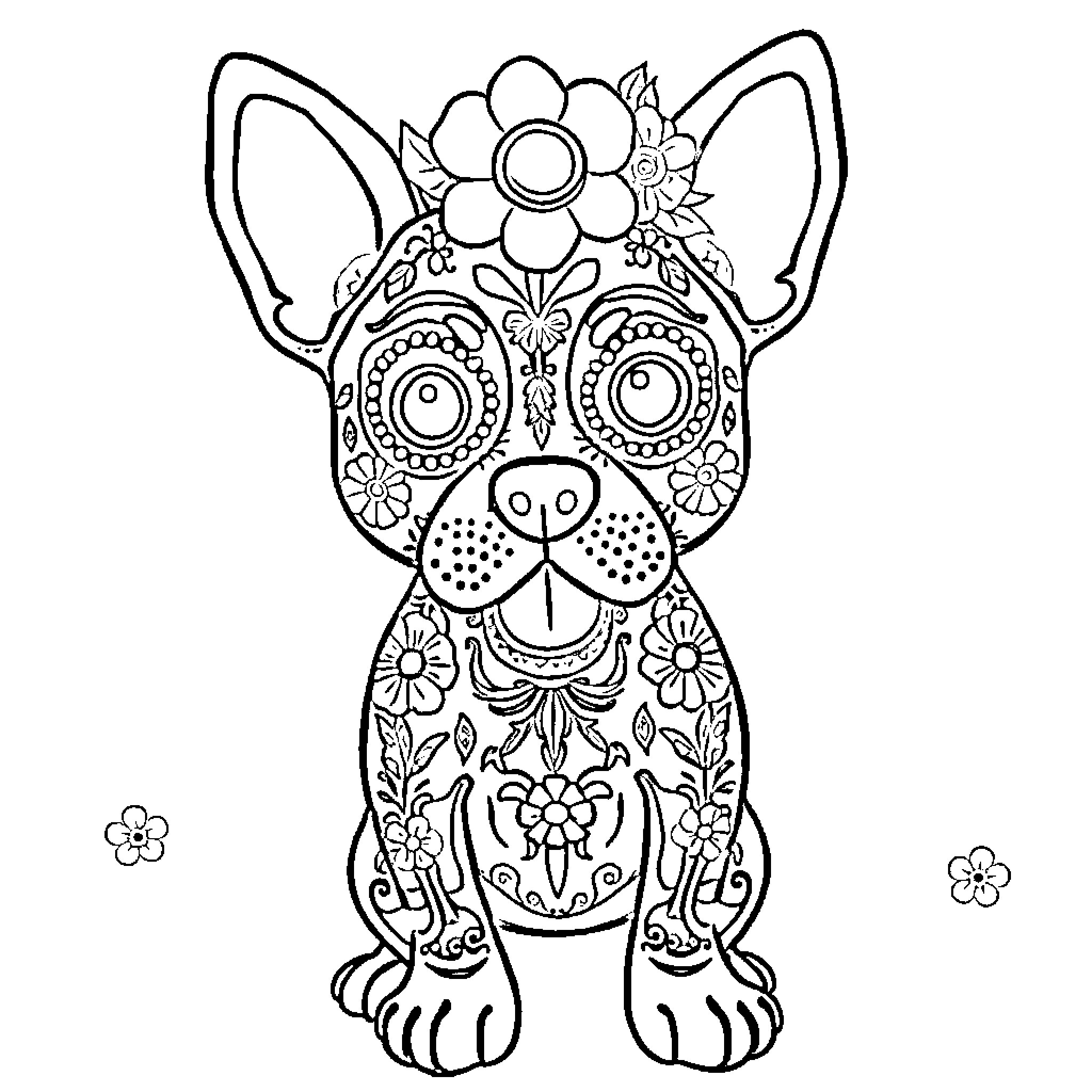 Dog decorated with floral patterns Coloring Page (free black-and-white line drawing printable PDF for all, from beginners to advanced learners, including children, teens, adults, and seniors)