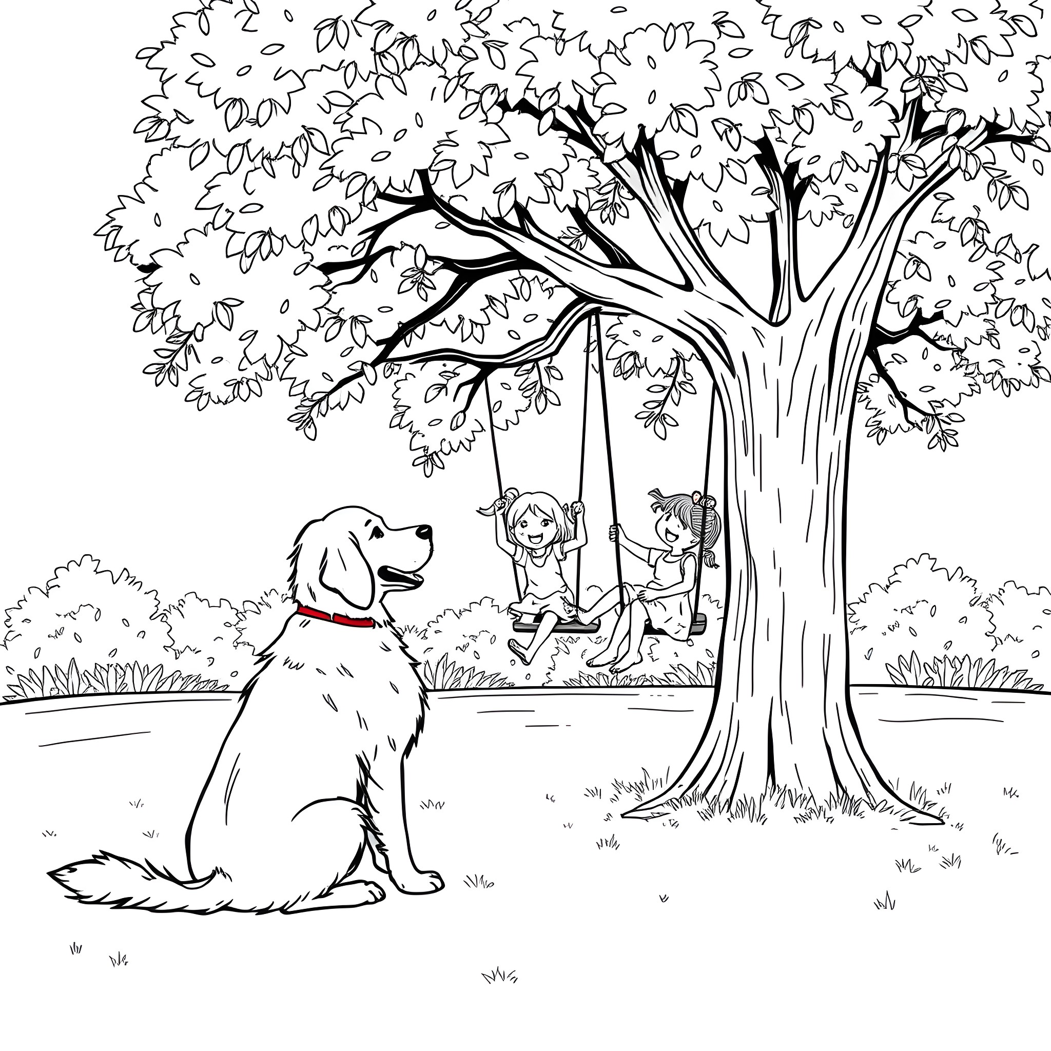 Golden Retriever watching children play on a swing Coloring Page (free black-and-white line drawing printable PDF for all, from beginners to advanced learners, including children, teens, adults, and seniors)