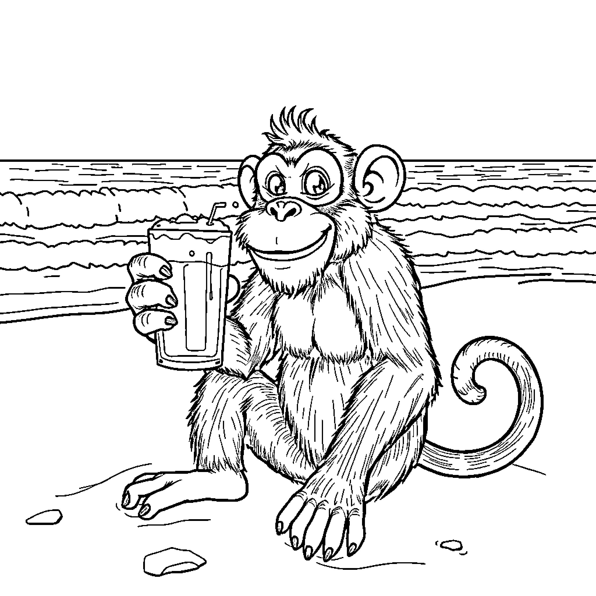 Monkey enjoying a refreshing drink on the beach Coloring Page (free black-and-white line drawing printable PDF for all, from beginners to advanced learners, including children, teens, adults, and seniors)