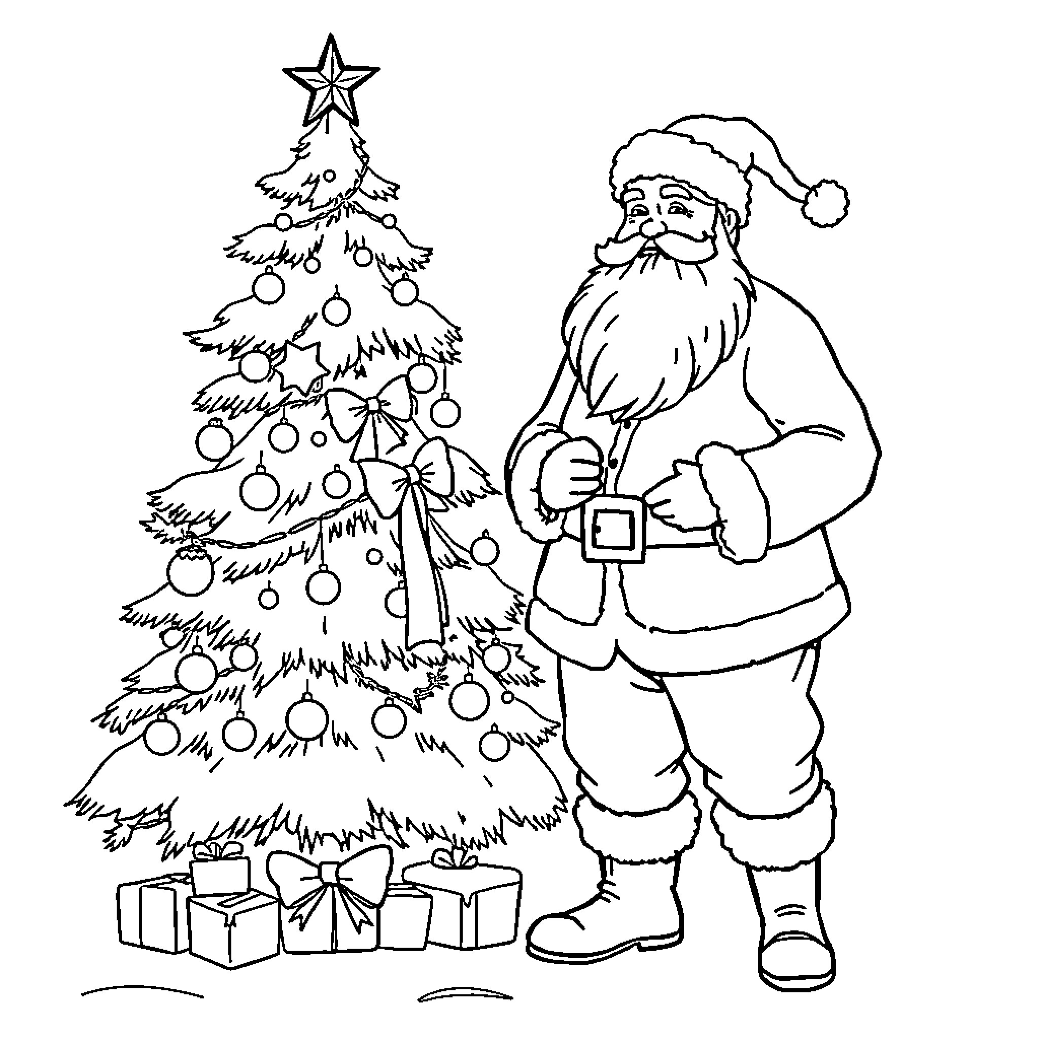 Santa decorating the Christmas tree Coloring Page (free black-and-white line drawing printable PDF for all, from beginners to advanced learners, including children, teens, adults, and seniors)