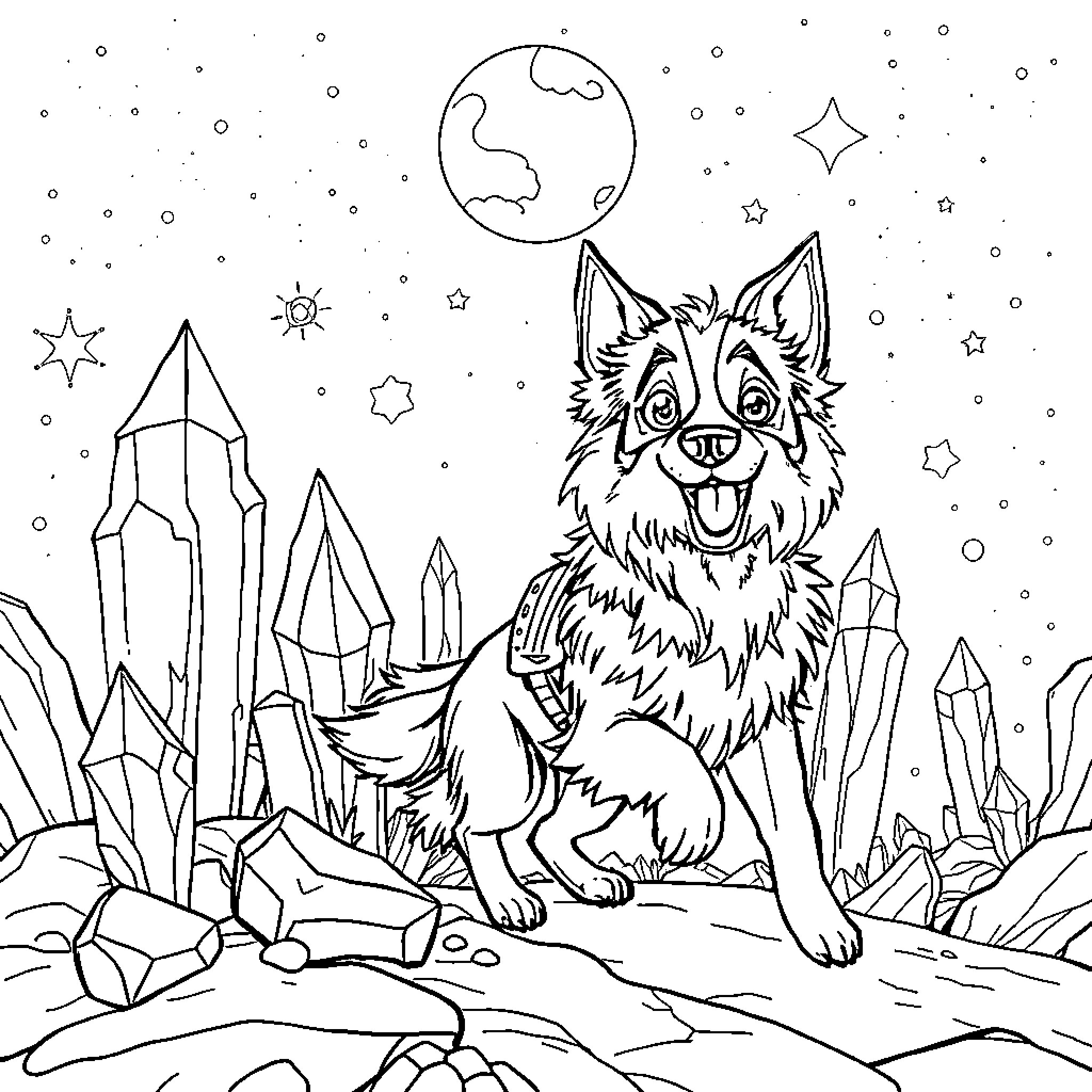 Paw Patrol: Dog Exploring Magical Crystal World Coloring Page (free black-and-white line drawing printable PDF for all, from beginners to advanced learners, including children, teens, adults, and seniors)