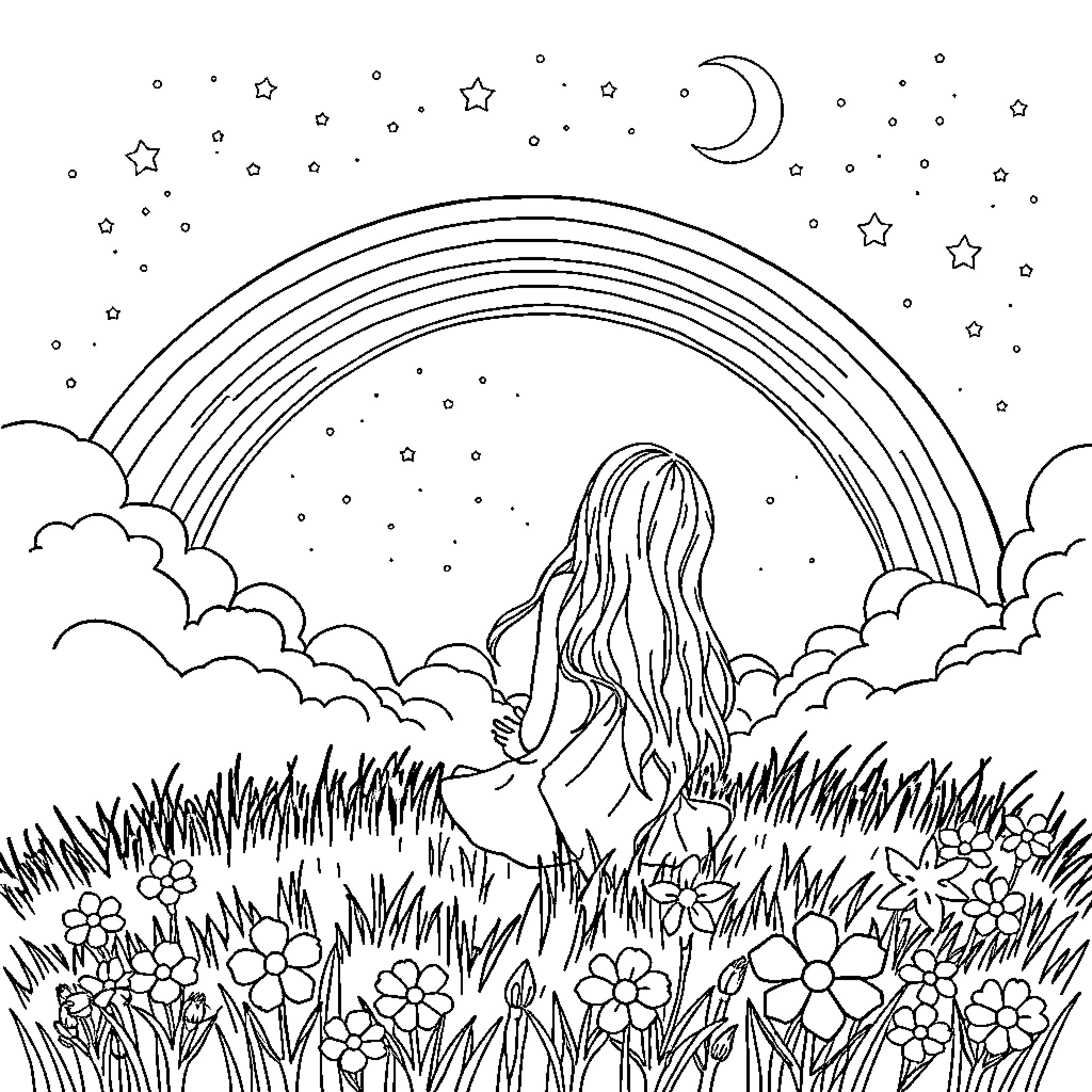 Girl enjoying a starry night in a flowery meadow Coloring Page (free black-and-white line drawing printable PDF for all, from beginners to advanced learners, including children, teens, adults, and seniors)
