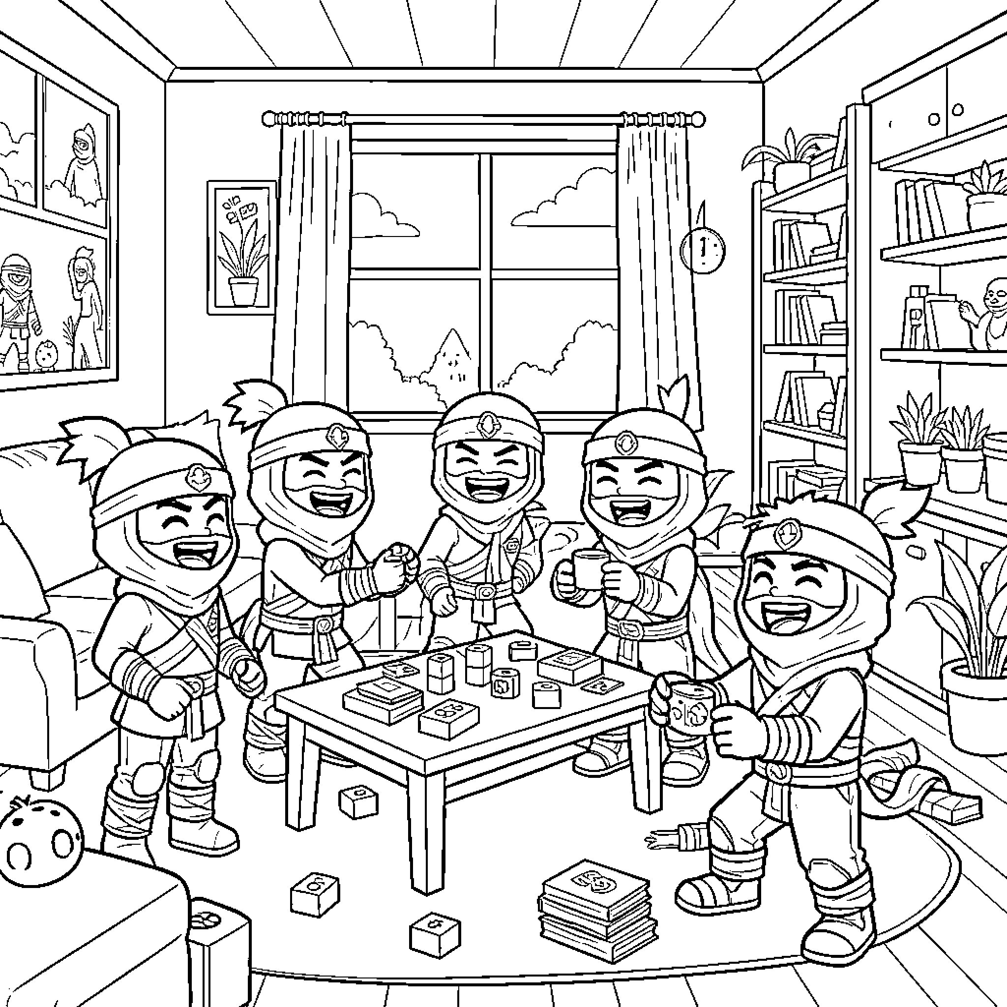 Ninjago characters playing games together in a living room Coloring Page (free black-and-white line drawing printable PDF for all, from beginners to advanced learners, including children, teens, adults, and seniors)
