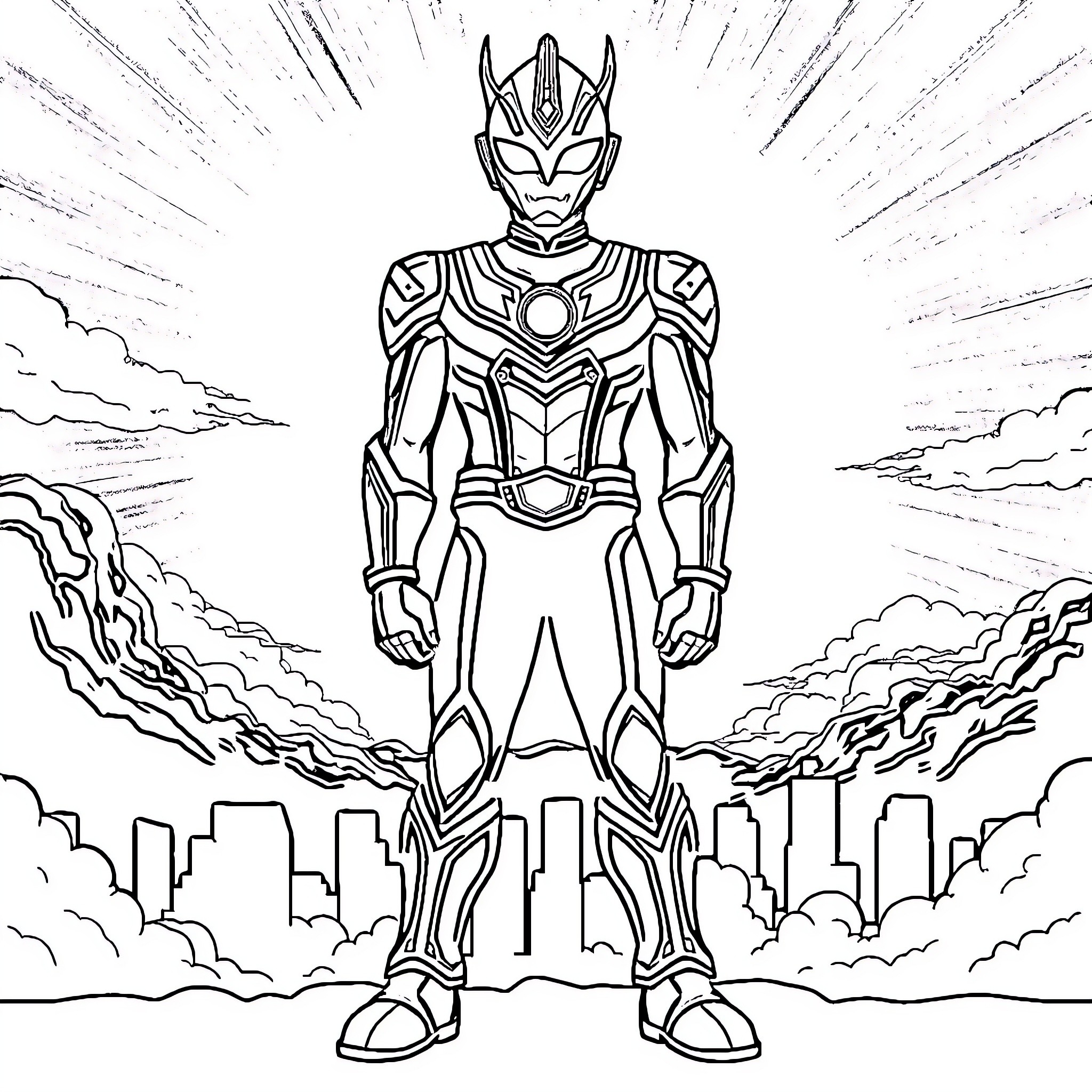 Ultraman heroic figure standing before a city skyline Coloring Page (free black-and-white line drawing printable PDF for all, from beginners to advanced learners, including children, teens, adults, and seniors)
