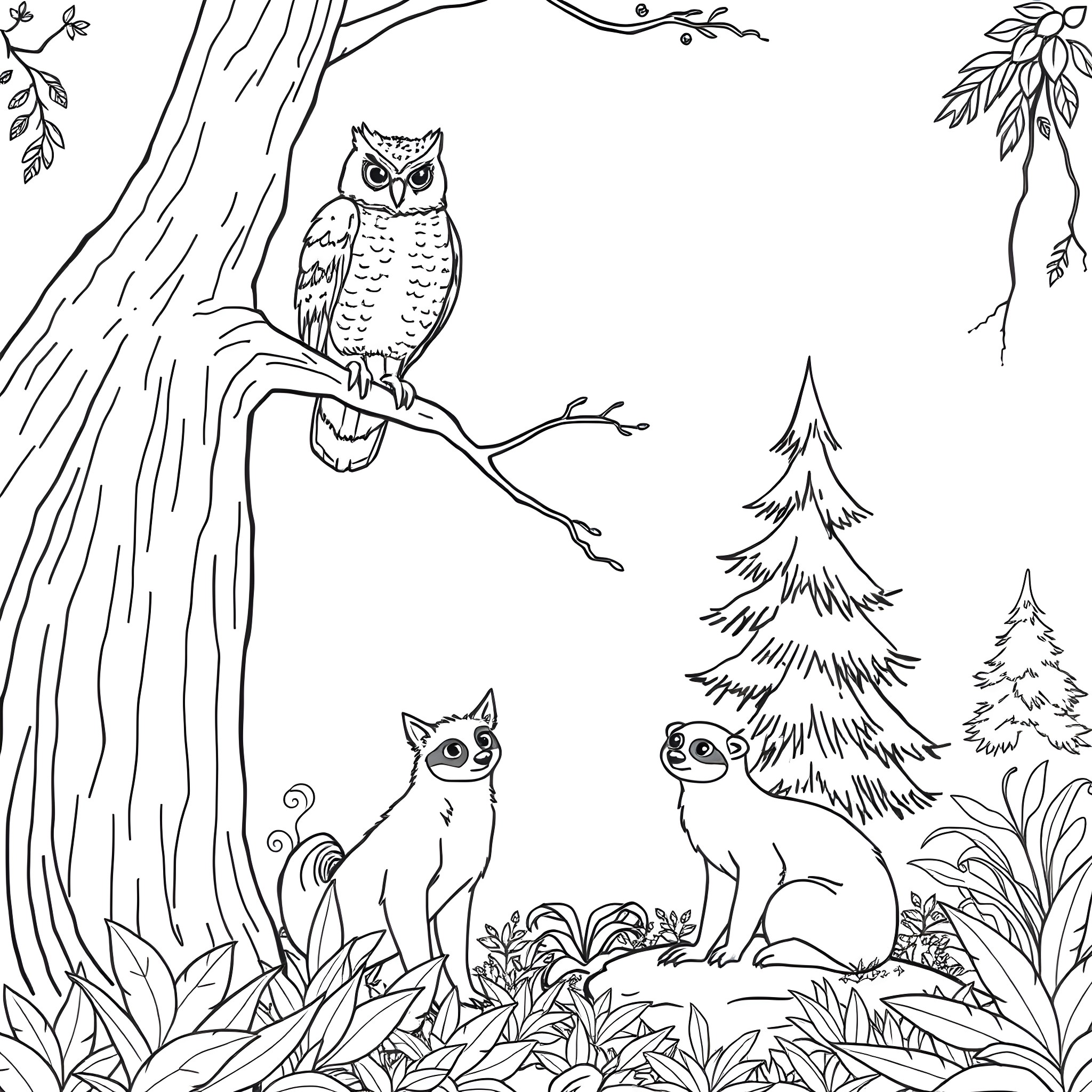 Owl perched on tree branch with curious animals in forest Coloring Page (free black-and-white line drawing printable PDF for all, from beginners to advanced learners, including children, teens, adults, and seniors)