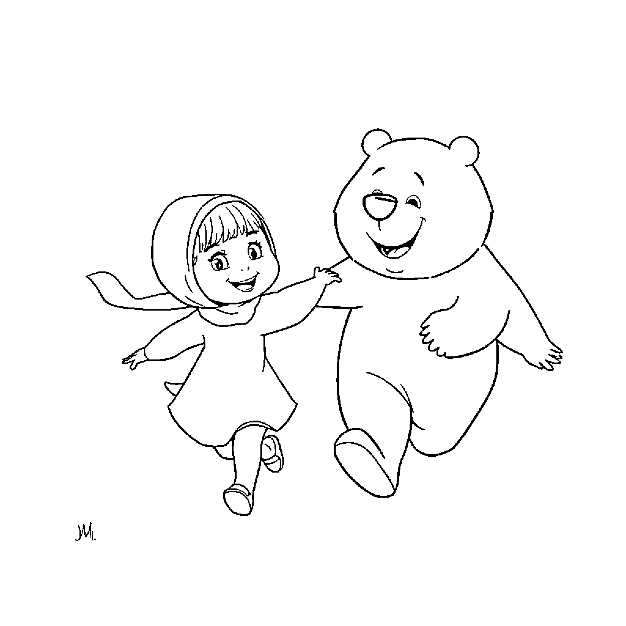Masha and the Bear walking and smiling happily together Coloring Page (free black-and-white line drawing printable PDF for all, from beginners to advanced learners, including children, teens, adults, and seniors)