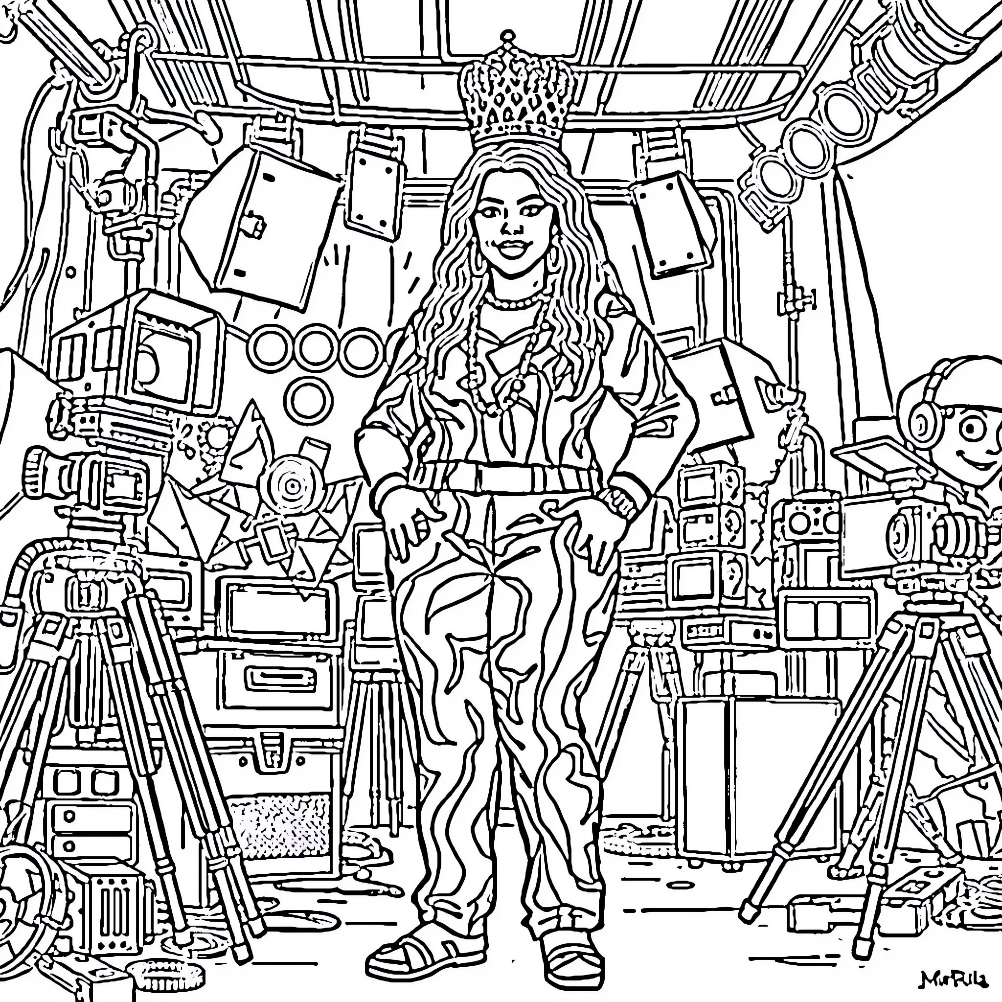 Queen Latifah surrounded by creative tools and instruments Coloring Page (free black-and-white line drawing printable PDF for all, from beginners to advanced learners, including children, teens, adults, and seniors)
