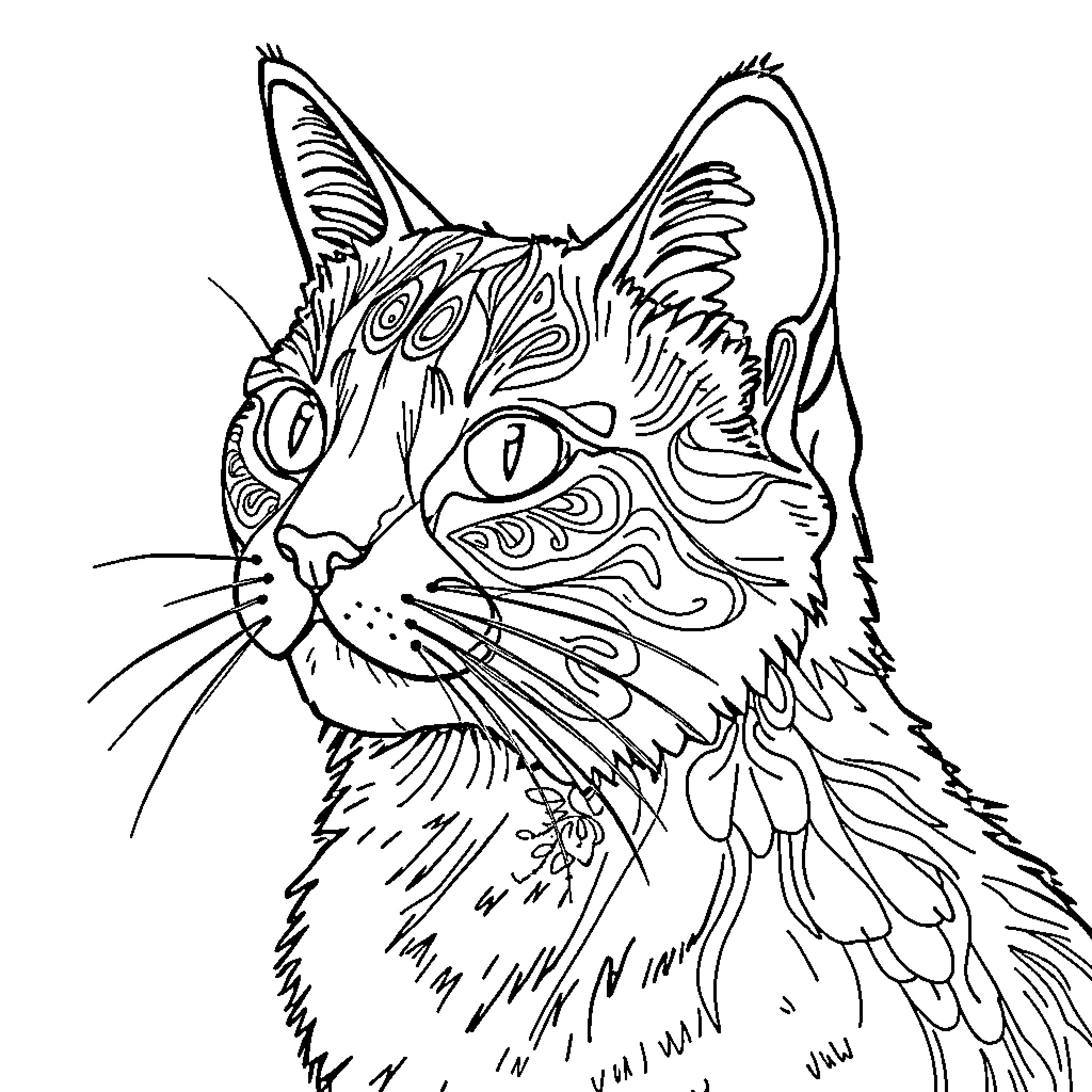 Cat with intricate details Coloring Page (free black-and-white line drawing printable PDF for all, from beginners to advanced learners, including children, teens, adults, and seniors)