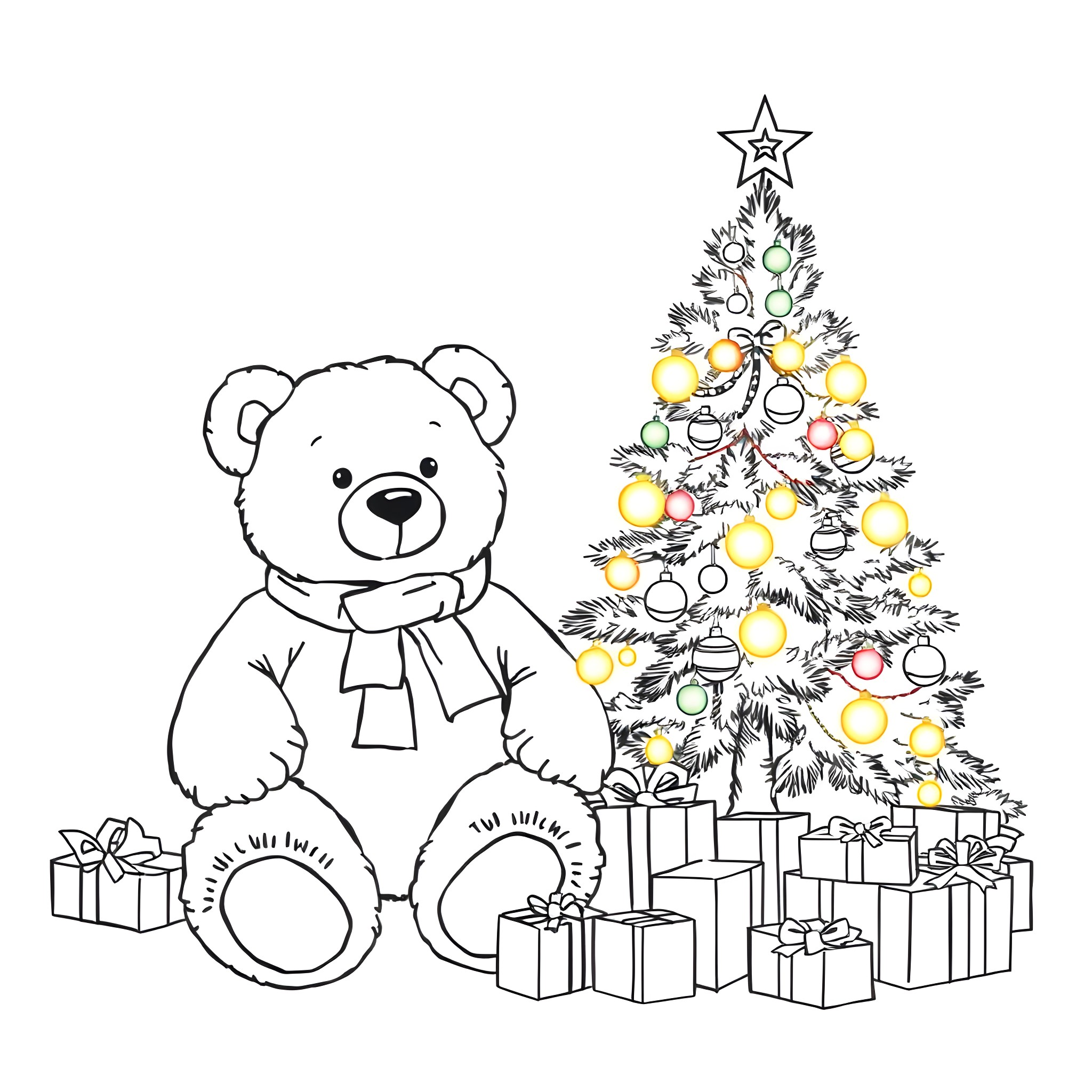 Teddy Bear Cuddling by the Christmas Tree Coloring Page (free black-and-white line drawing printable PDF for all, from beginners to advanced learners, including children, teens, adults, and seniors)