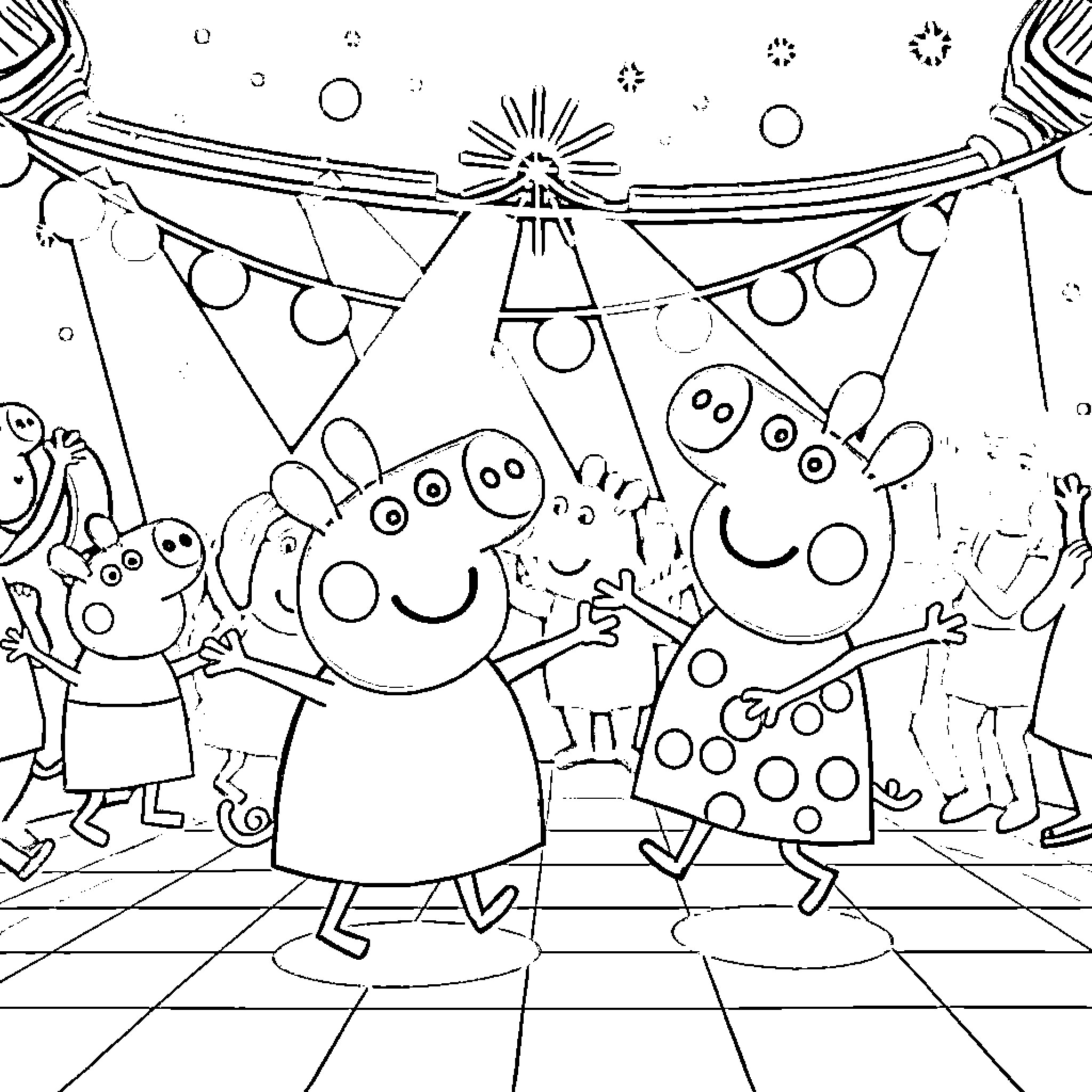 Peppa Pig and friends celebrating a festive party Coloring Page (free black-and-white line drawing printable PDF for all, from beginners to advanced learners, including children, teens, adults, and seniors)