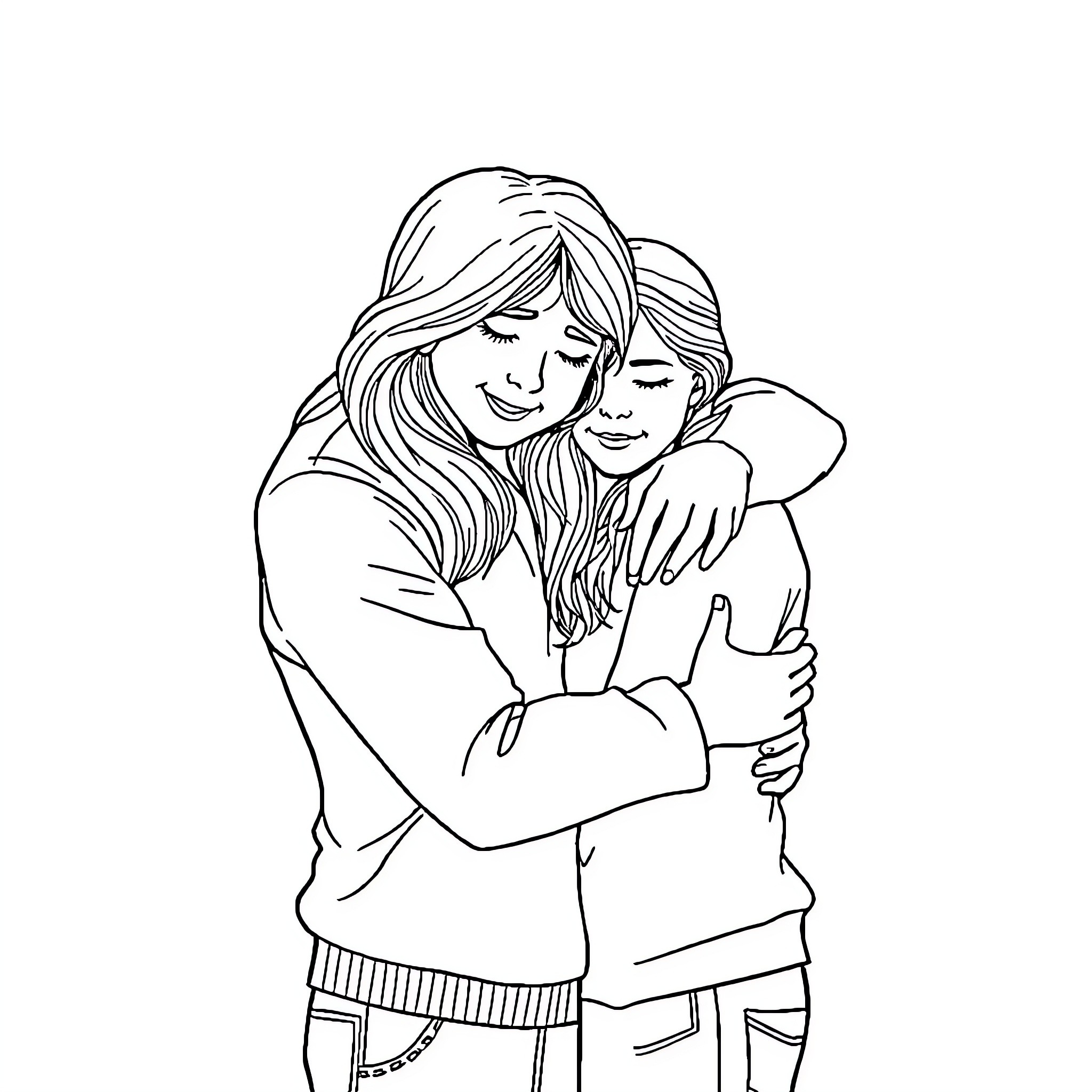 Couple in warm embrace Coloring Page (free black-and-white line drawing printable PDF for all, from beginners to advanced learners, including children, teens, adults, and seniors)