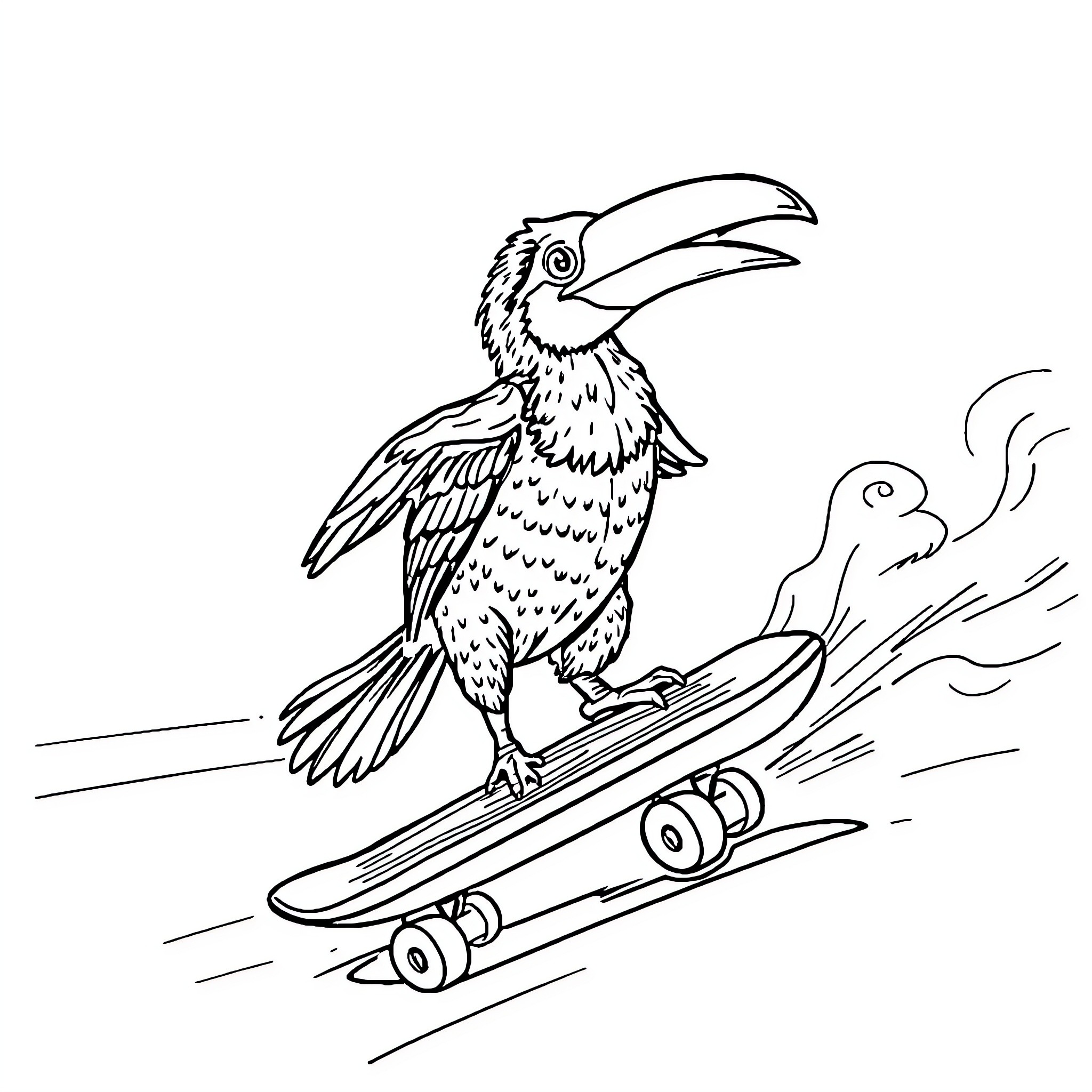 Pelican riding a skateboard Coloring Page (free black-and-white line drawing printable PDF for all, from beginners to advanced learners, including children, teens, adults, and seniors)