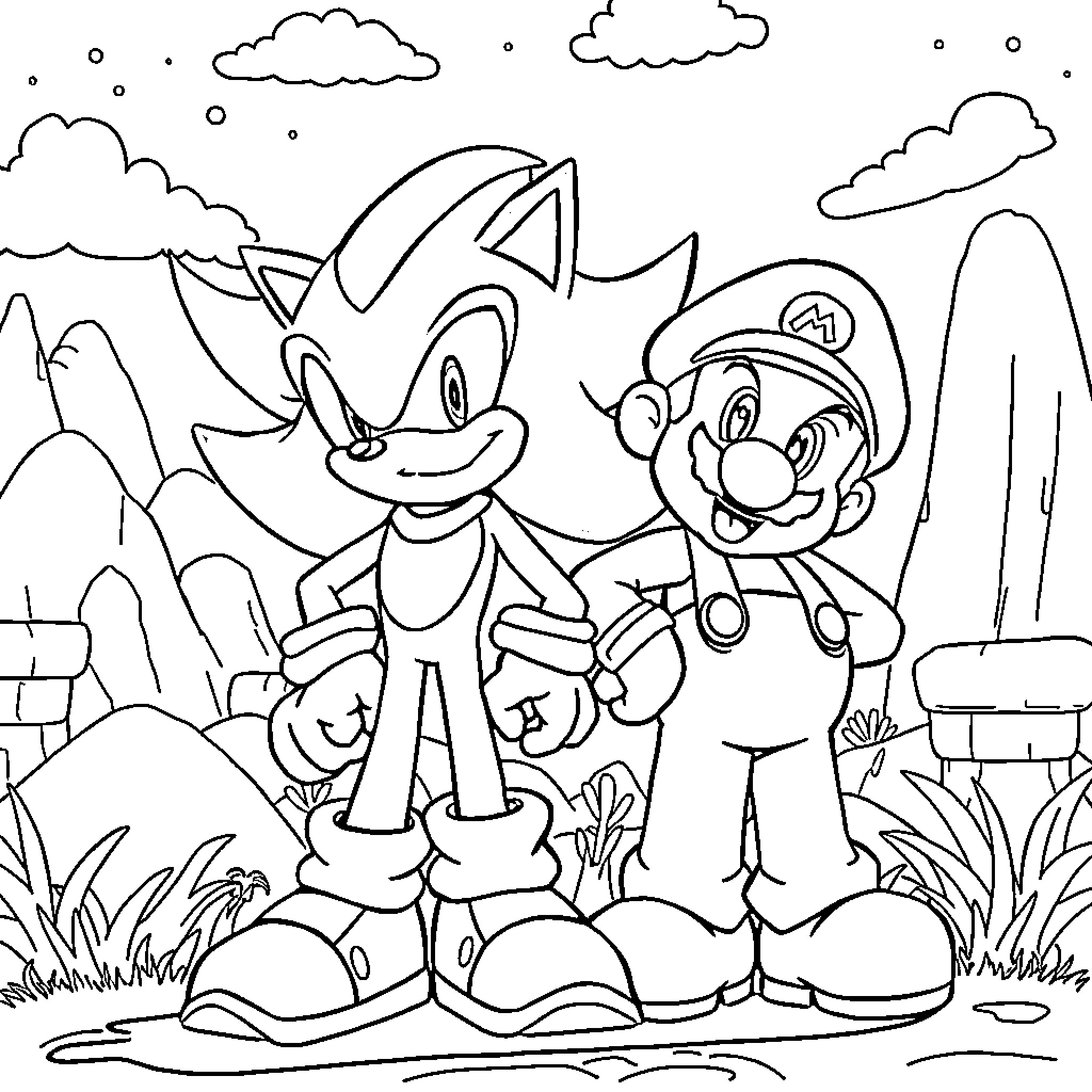 Shadow of video game characters in adventure Coloring Page (free black-and-white line drawing printable PDF for all, from beginners to advanced learners, including children, teens, adults, and seniors)