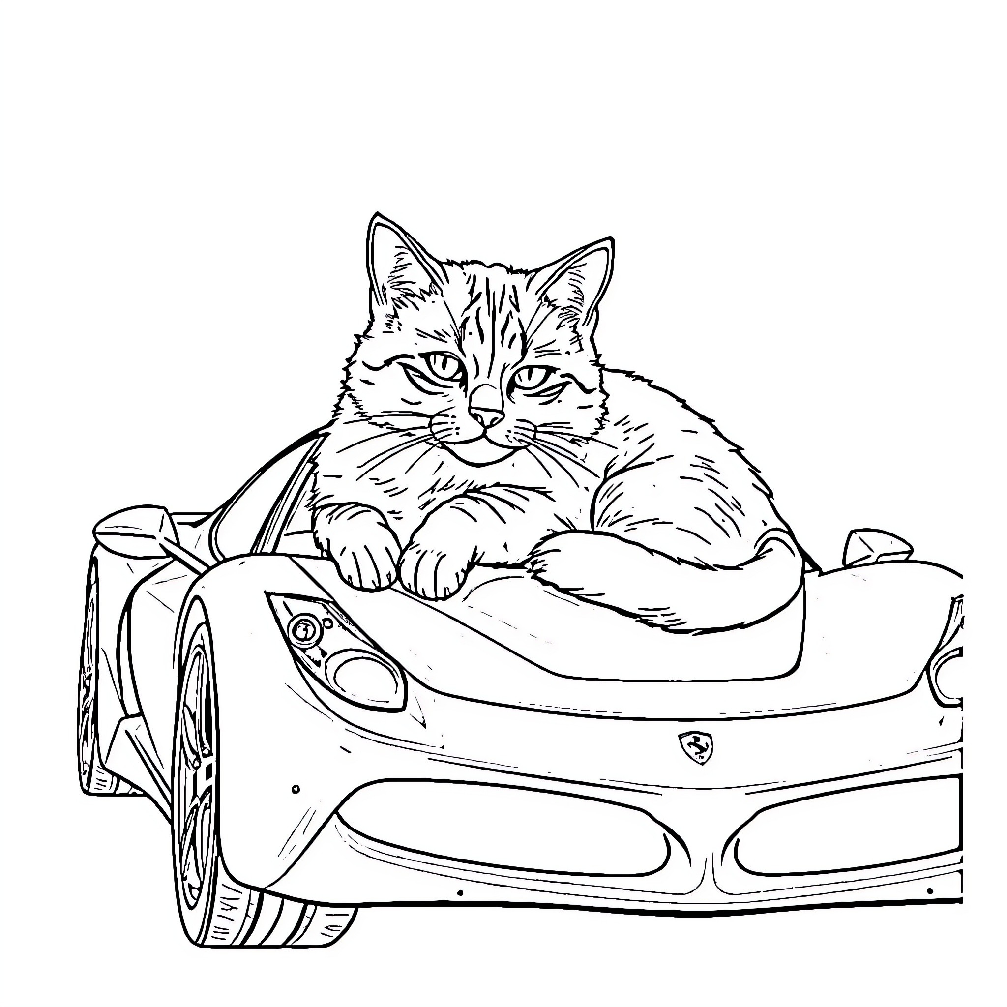 Cat resting comfortably on a sports car Coloring Page (free black-and-white line drawing printable PDF for all, from beginners to advanced learners, including children, teens, adults, and seniors)