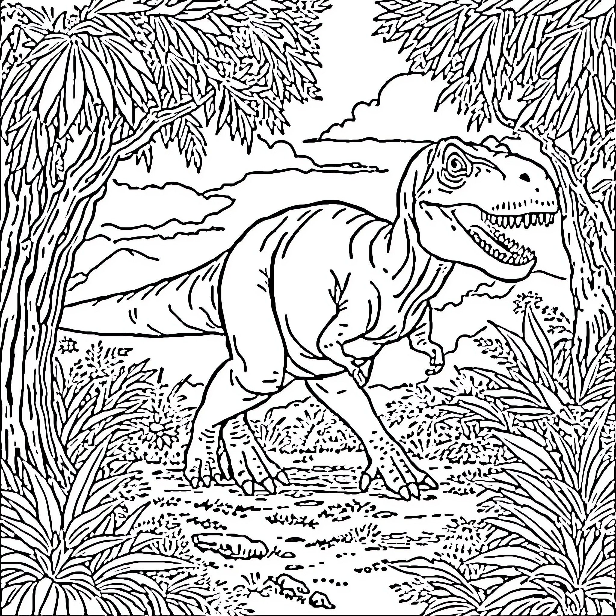 T-Rex roaming through the prehistoric jungle Coloring Page (free black-and-white line drawing printable PDF for all, from beginners to advanced learners, including children, teens, adults, and seniors)