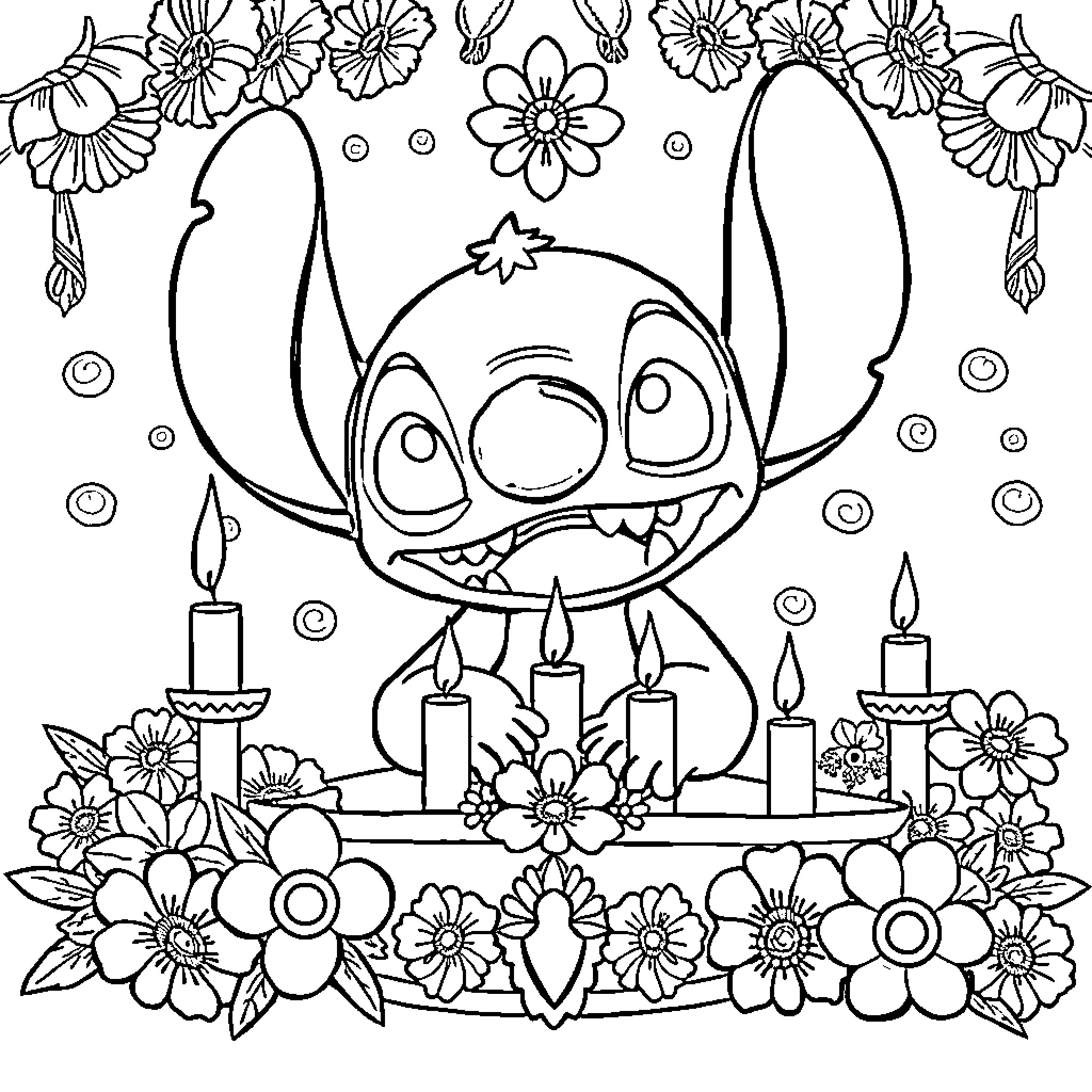 Stitch's Whimsical Floral Celebration Coloring Page (free black-and-white line drawing printable PDF for all, from beginners to advanced learners, including children, teens, adults, and seniors)