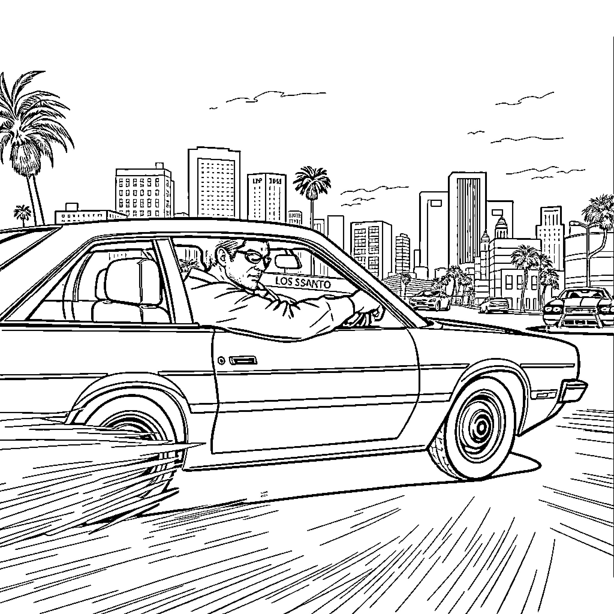 Tony Montana's Infamous Ride Through the City Coloring Page (free black-and-white line drawing printable PDF for all, from beginners to advanced learners, including children, teens, adults, and seniors)