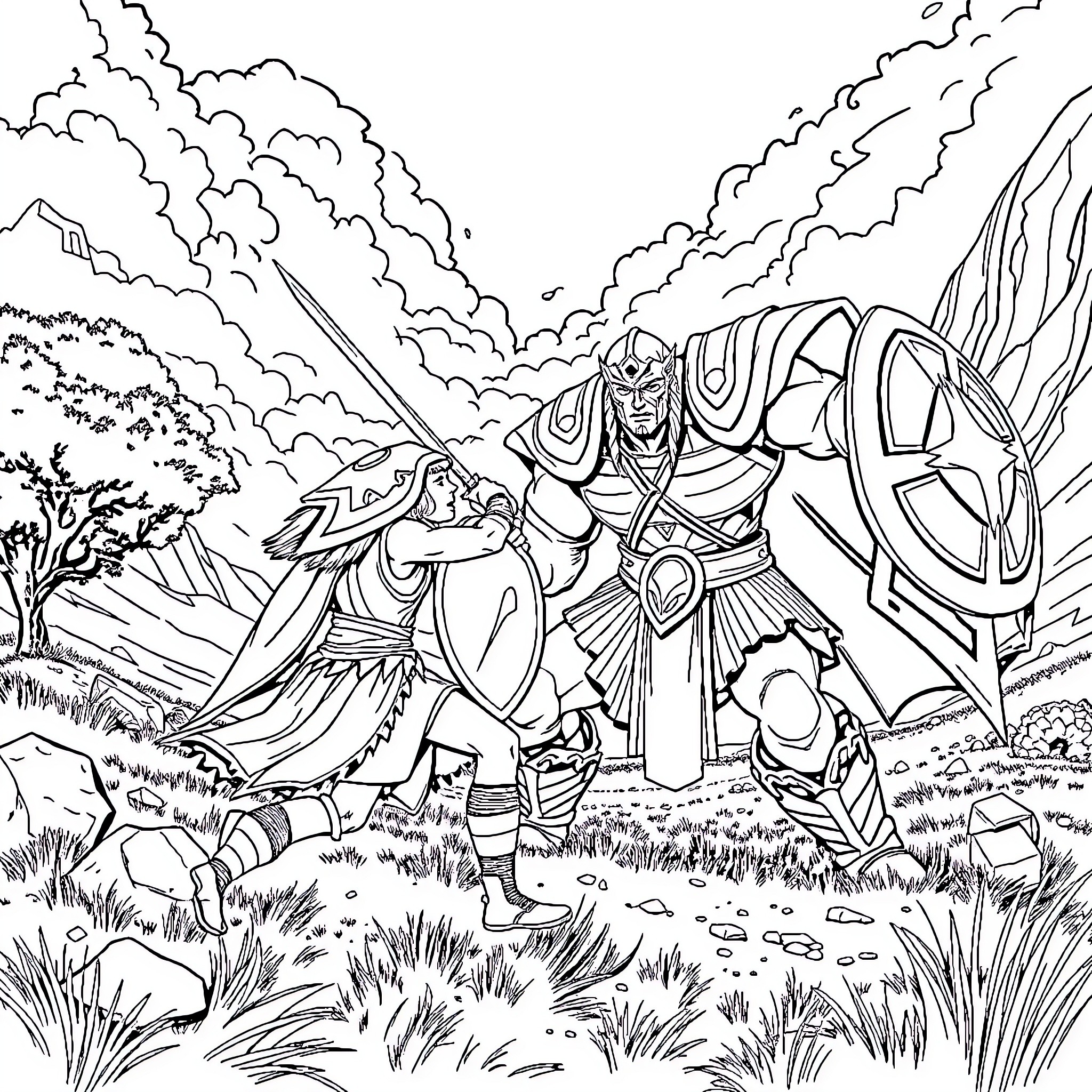David and Goliath - Epic battle between warrior and hero Coloring Page (free black-and-white line drawing printable PDF for all, from beginners to advanced learners, including children, teens, adults, and seniors)