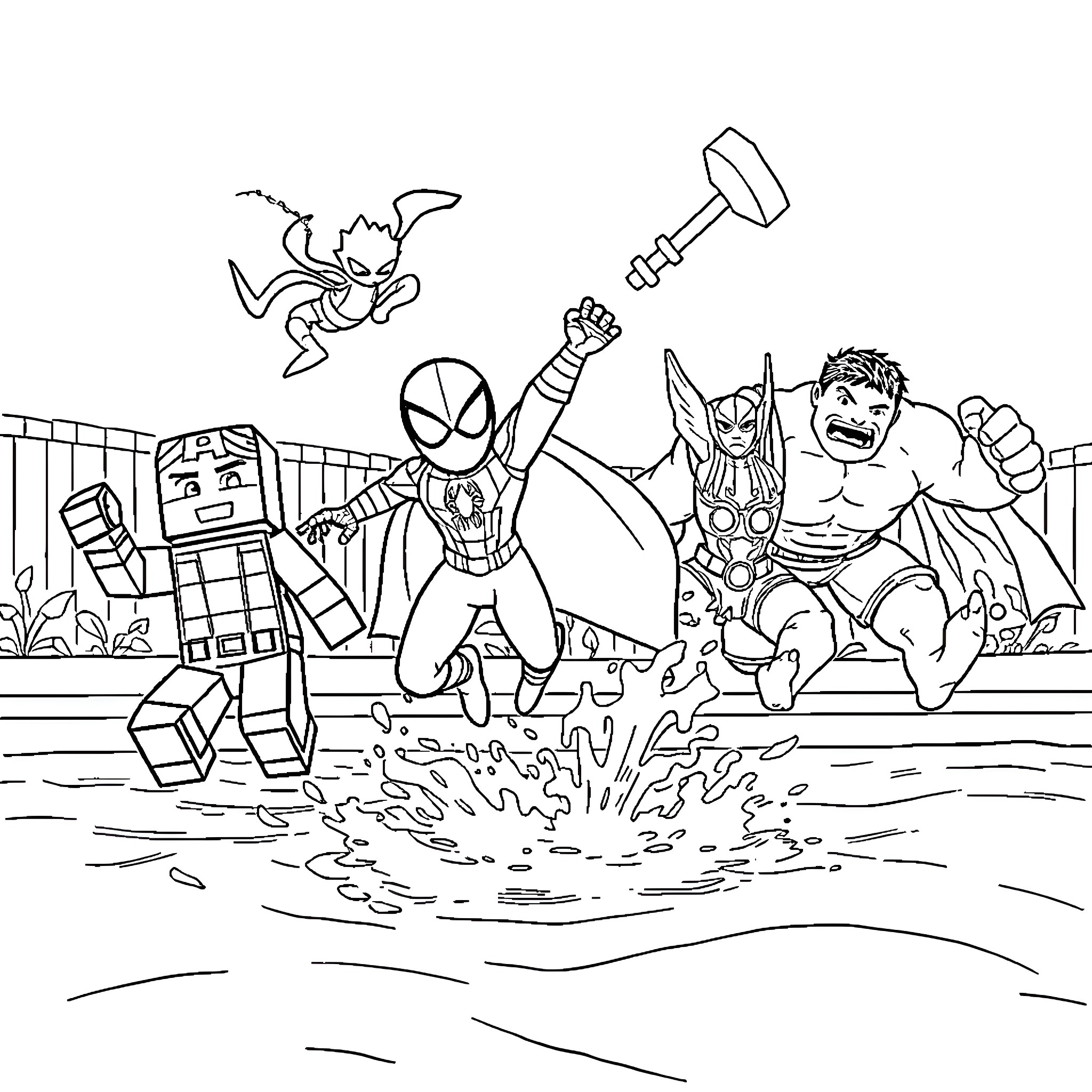 Superhero characters in action-packed scene Coloring Page (free black-and-white line drawing printable PDF for all, from beginners to advanced learners, including children, teens, adults, and seniors)