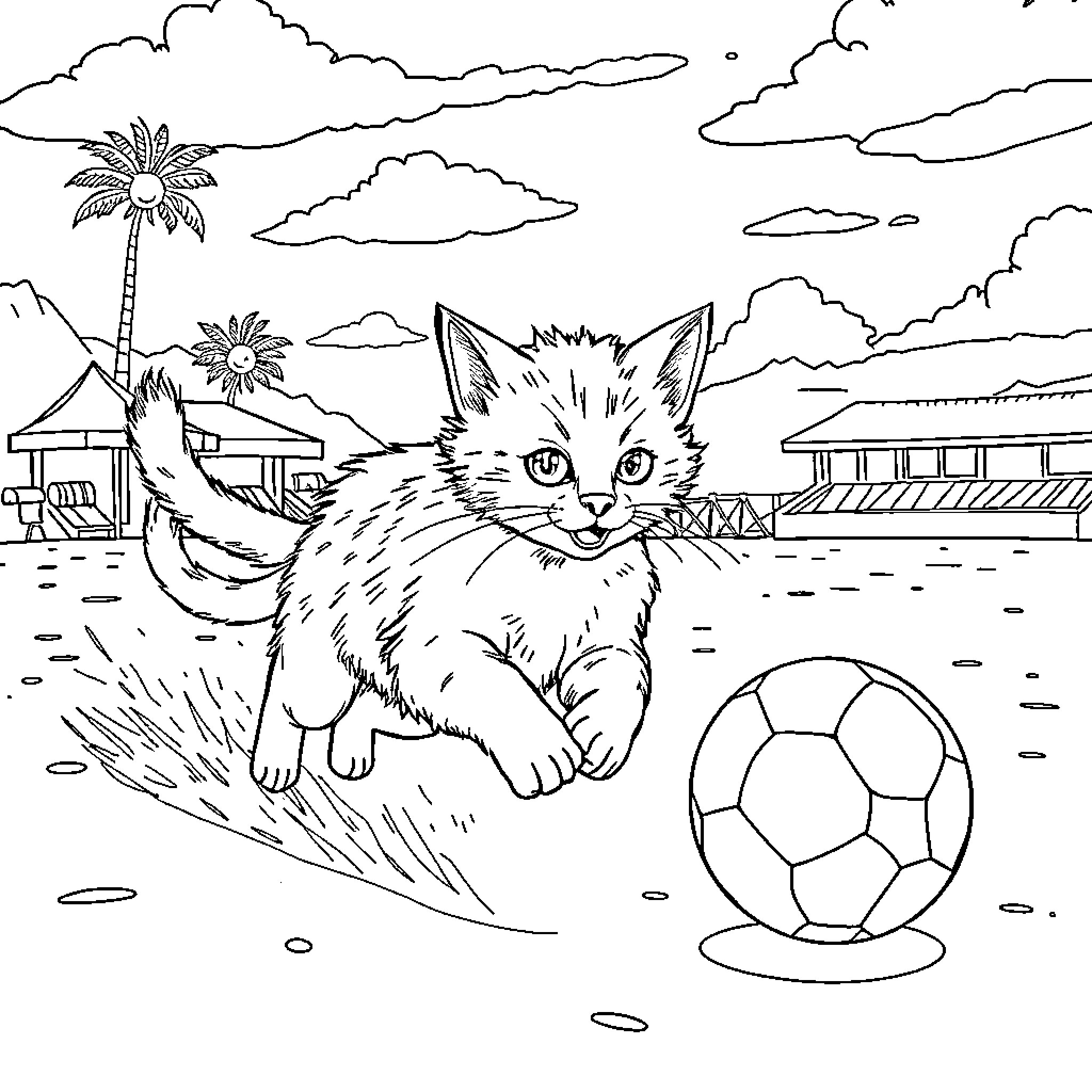 Gato playing with soccer ball on tropical beach Coloring Page (free black-and-white line drawing printable PDF for all, from beginners to advanced learners, including children, teens, adults, and seniors)