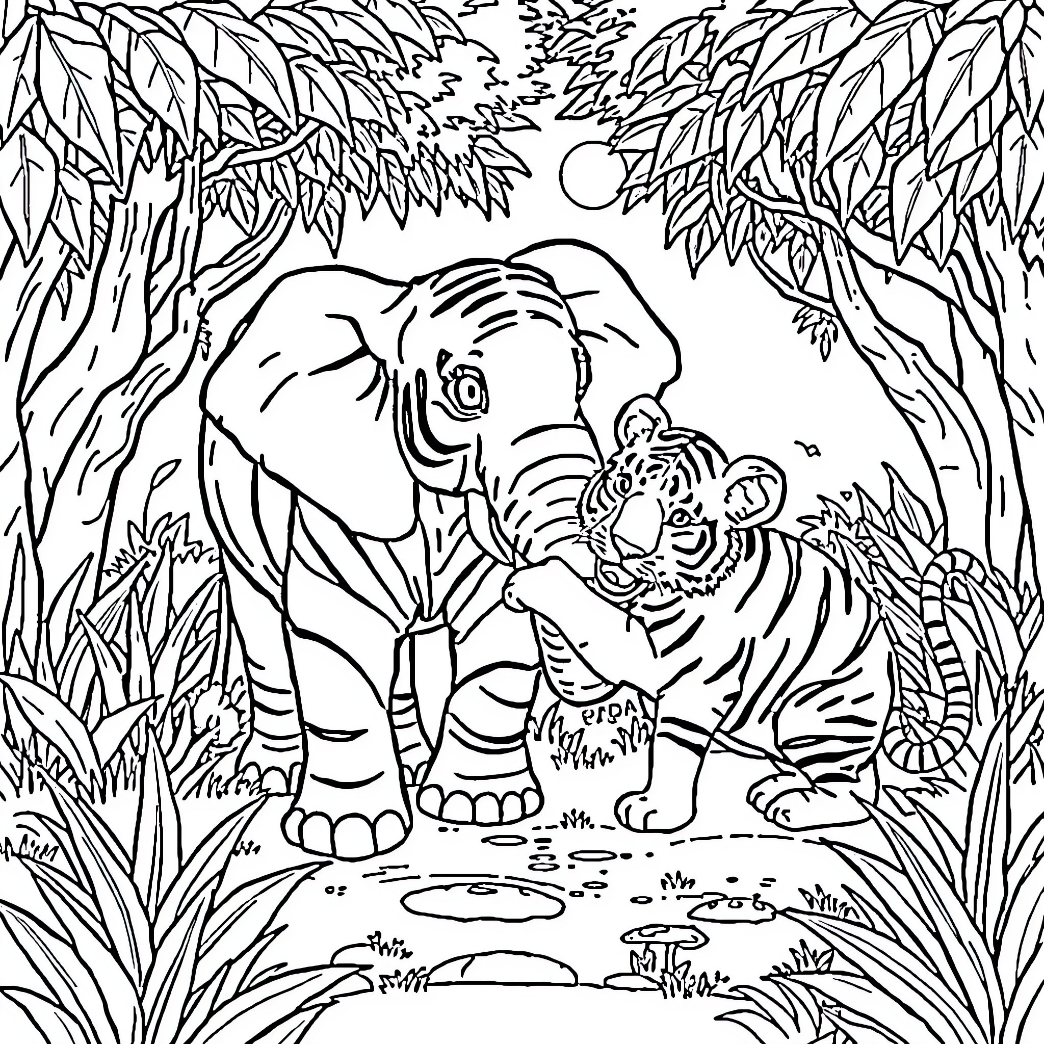 Tiger and Cub in Lush Jungle Scenery Coloring Page (free black-and-white line drawing printable PDF for all, from beginners to advanced learners, including children, teens, adults, and seniors)