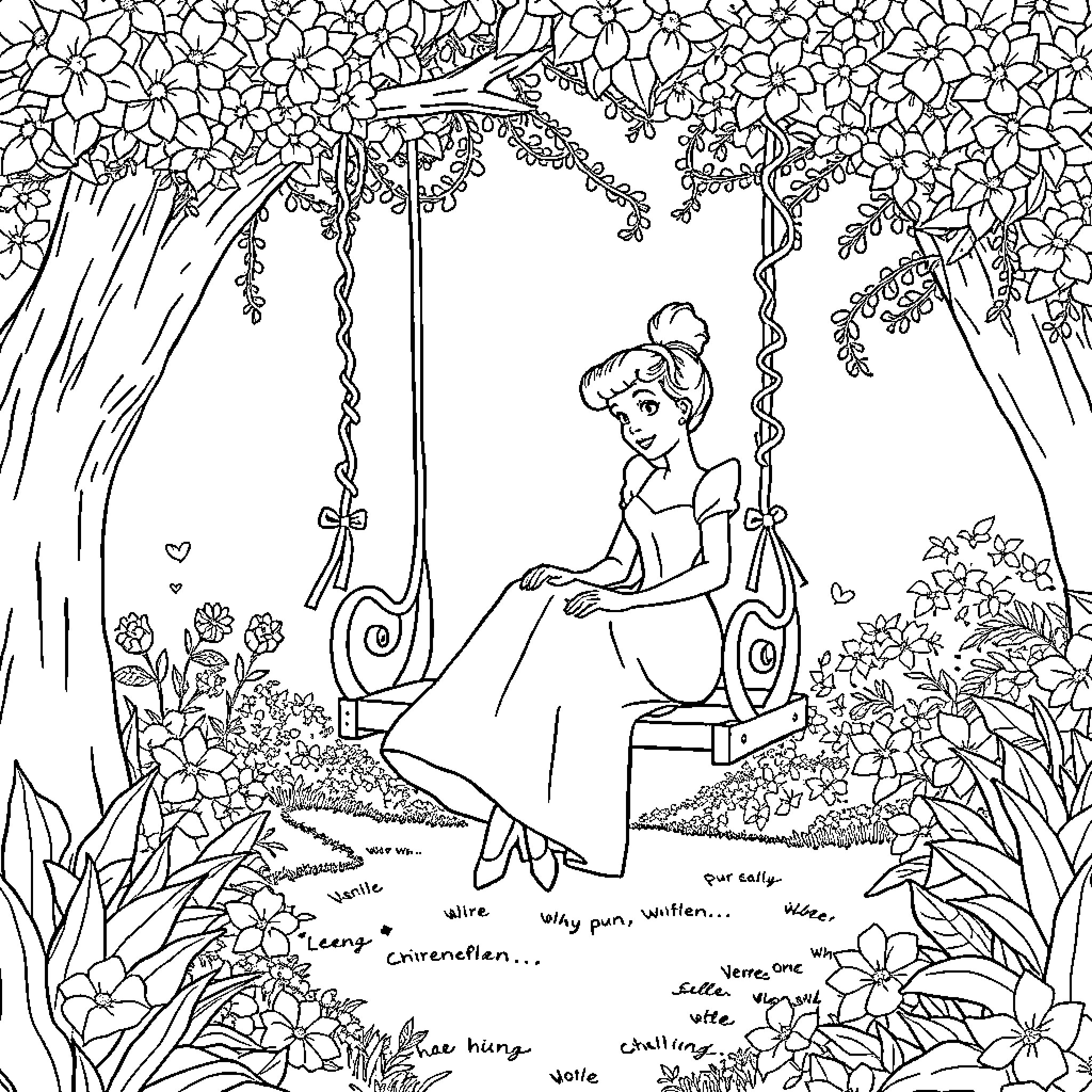 Cinderella relaxing in enchanted garden Coloring Page (free black-and-white line drawing printable PDF for all, from beginners to advanced learners, including children, teens, adults, and seniors)