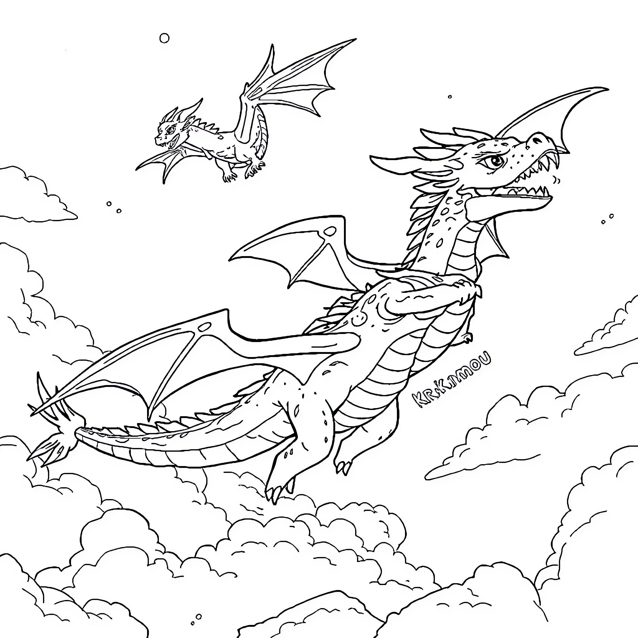 Dragons soaring through the cloudy skies Coloring Page (free black-and-white line drawing printable PDF for all, from beginners to advanced learners, including children, teens, adults, and seniors)