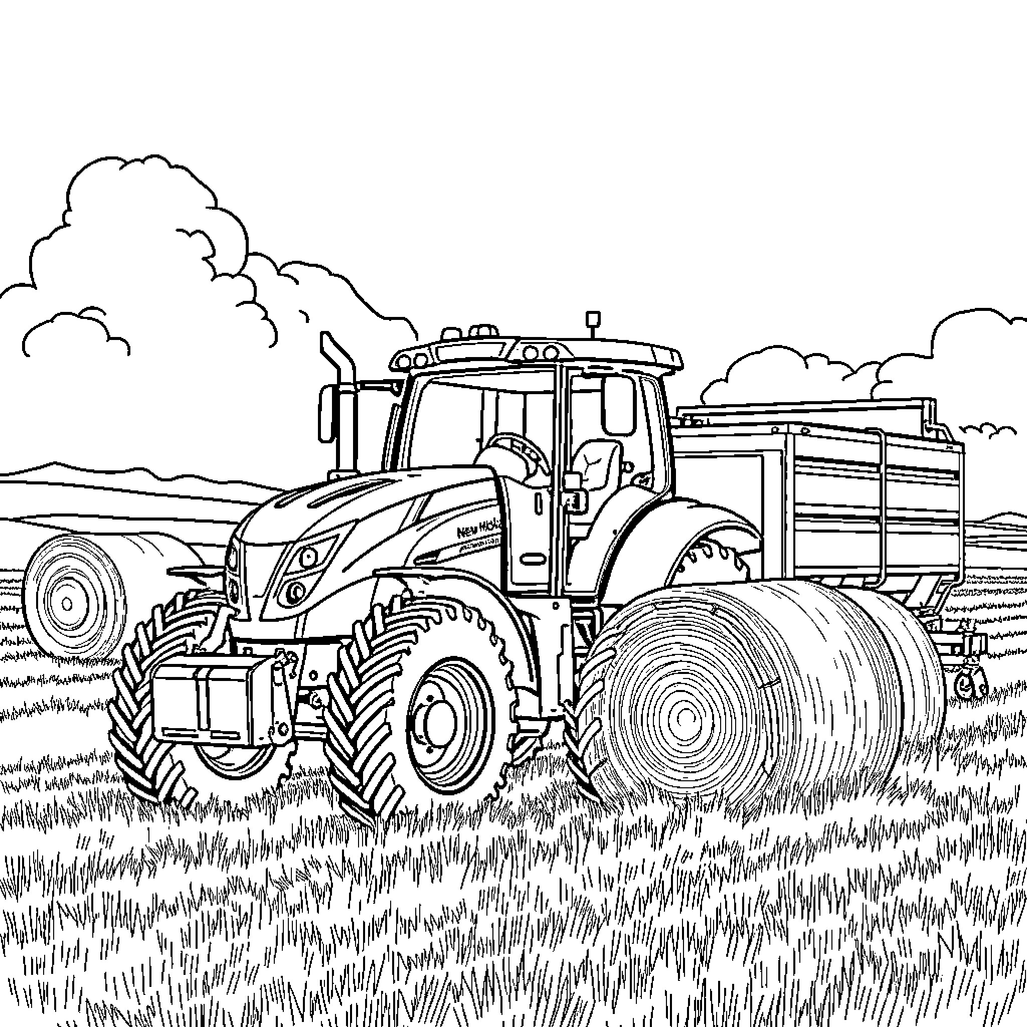 Tractor harvesting crops in the countryside Coloring Page (free black-and-white line drawing printable PDF for all, from beginners to advanced learners, including children, teens, adults, and seniors)