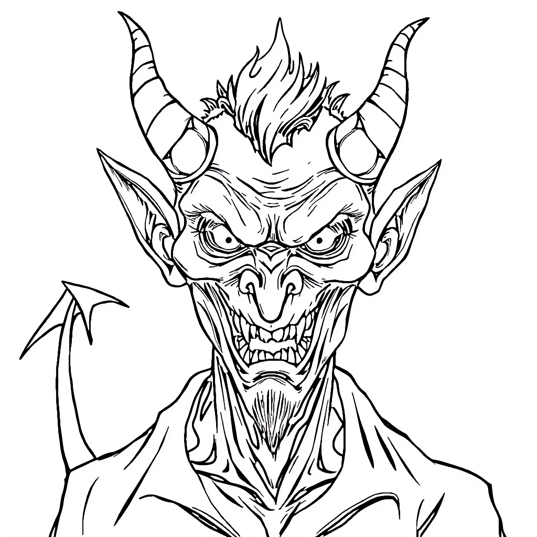 Devil with Monstrous Horns and Devilish Grin Coloring Page (free black-and-white line drawing printable PDF for all, from beginners to advanced learners, including children, teens, adults, and seniors)