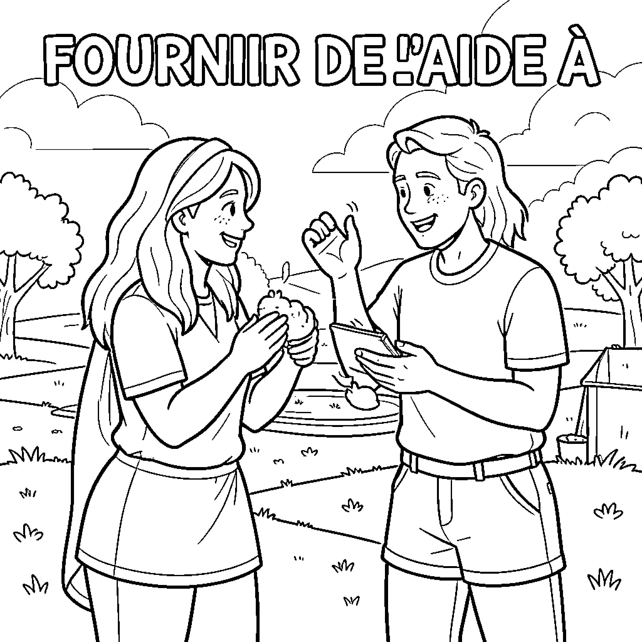 Supplier of assistance between two friends in a park Coloring Page (free black-and-white line drawing printable PDF for all, from beginners to advanced learners, including children, teens, adults, and seniors)