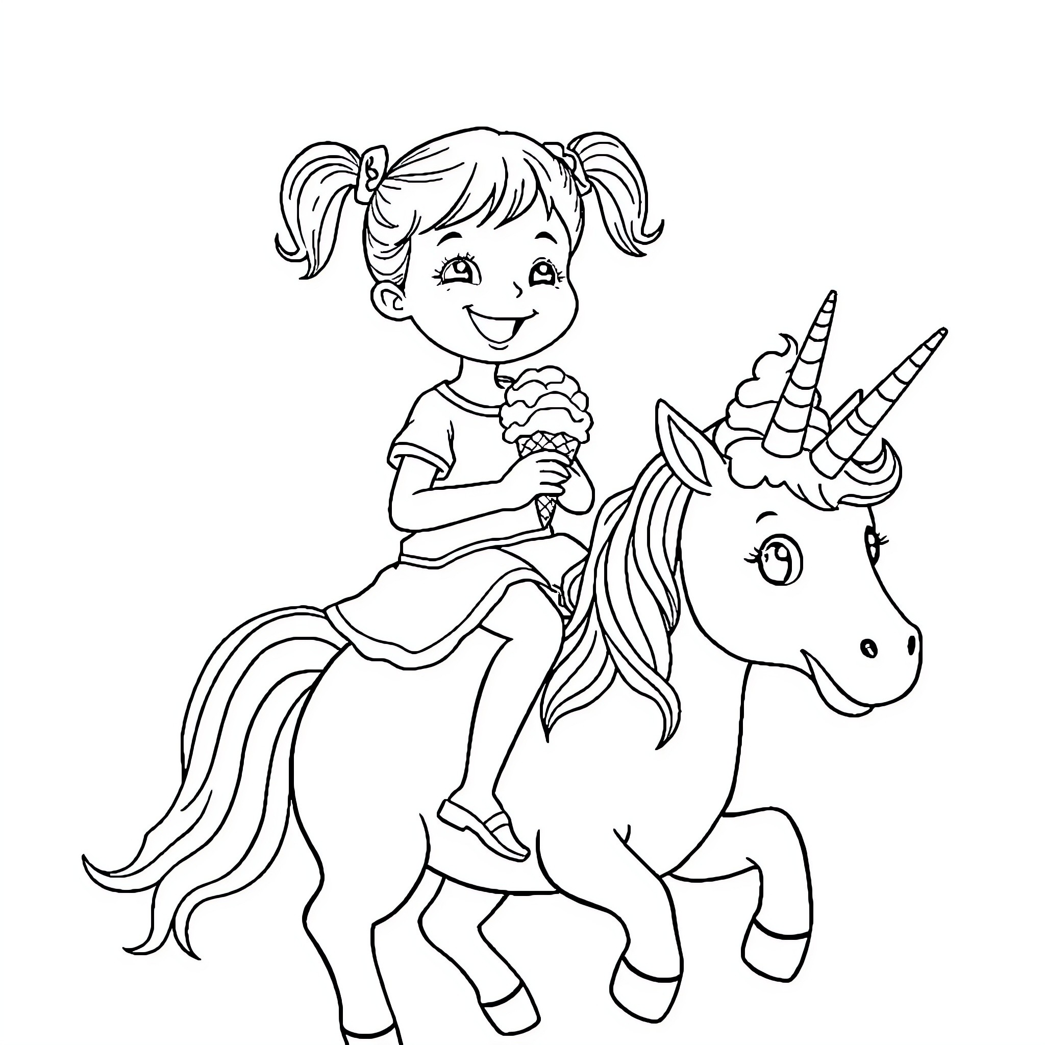 Girl riding a unicorn with an ice cream Coloring Page (free black-and-white line drawing printable PDF for all, from beginners to advanced learners, including children, teens, adults, and seniors)