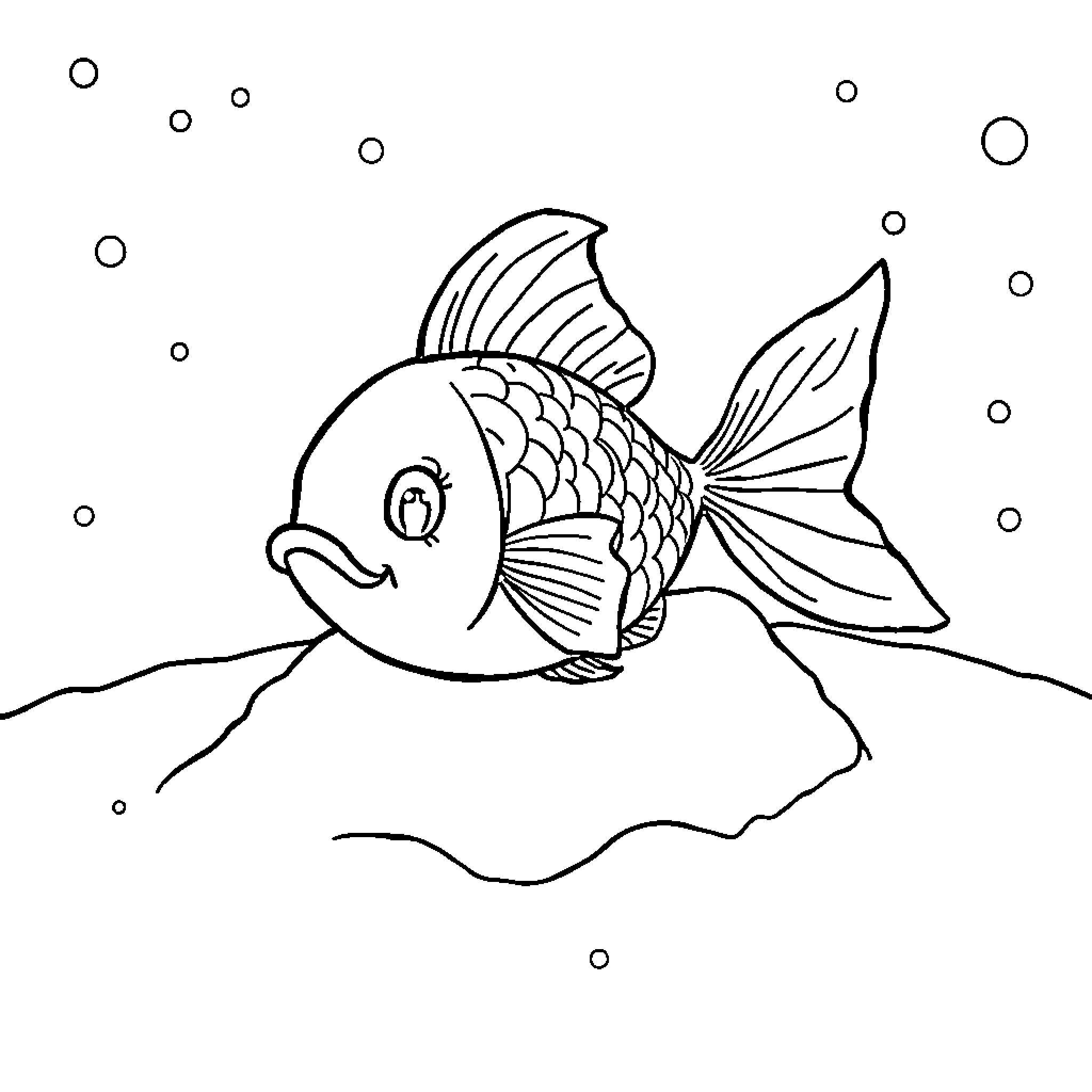 Goldfish swimming playfully underwater Coloring Page (free black-and-white line drawing printable PDF for all, from beginners to advanced learners, including children, teens, adults, and seniors)