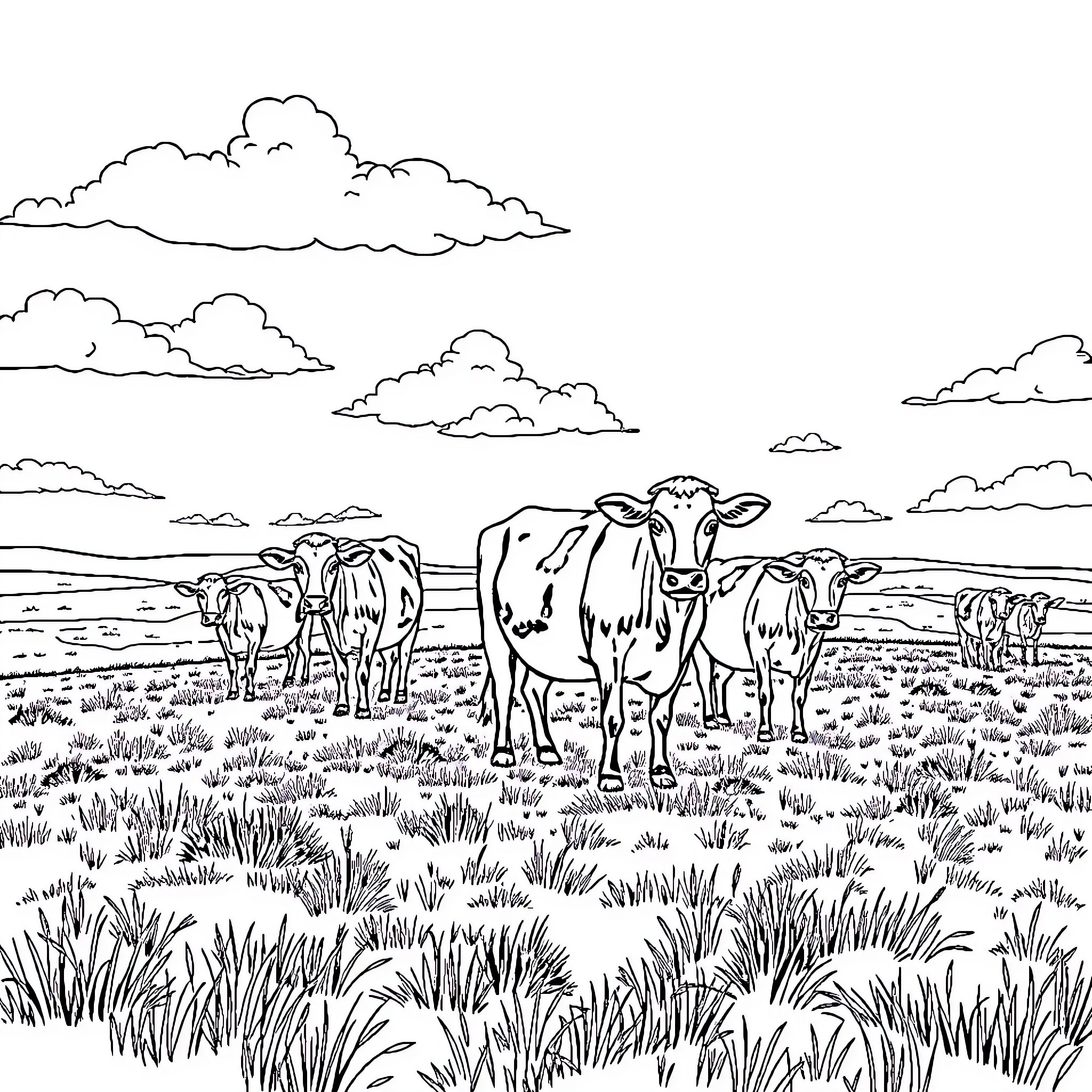 Cows grazing peacefully in a grassy field Coloring Page (free black-and-white line drawing printable PDF for all, from beginners to advanced learners, including children, teens, adults, and seniors)