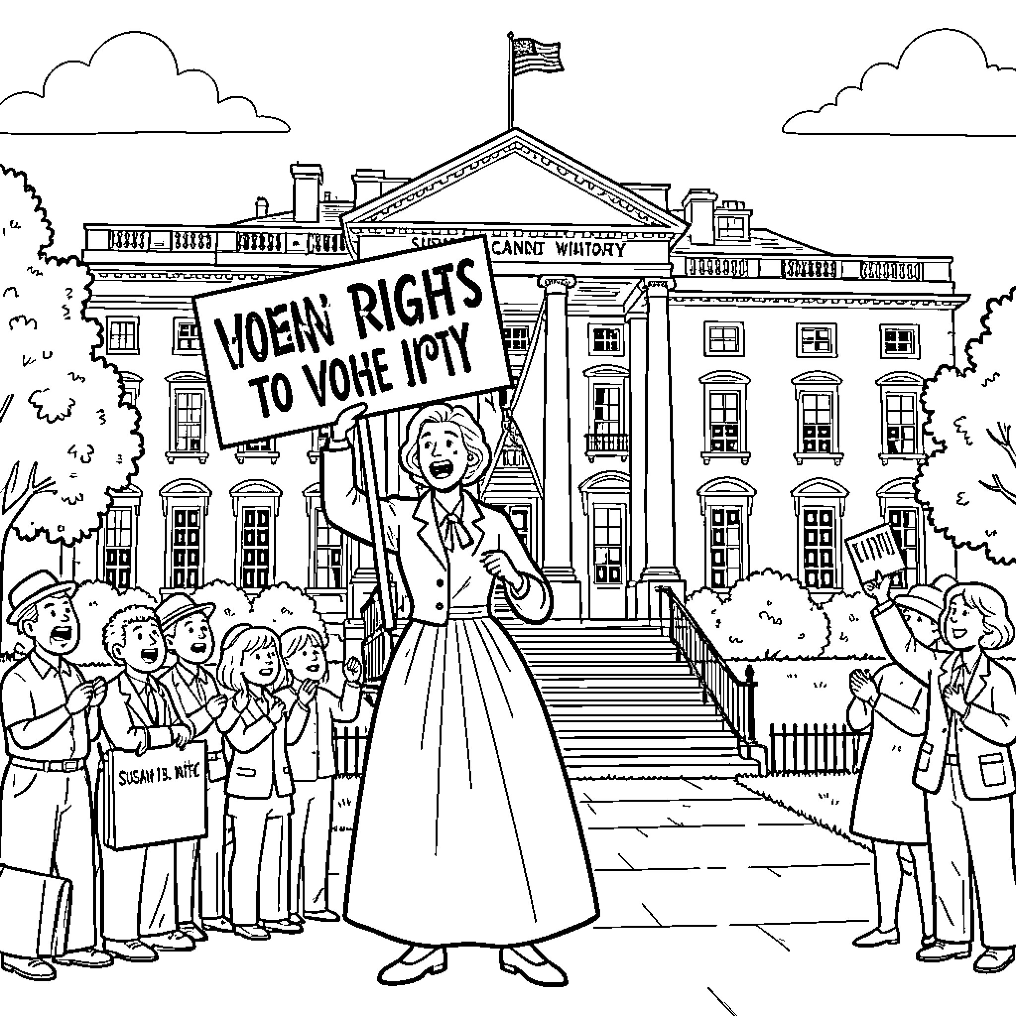 Susan B. Anthony Leads Women's Suffrage Rally Outside White House Coloring Page (free black-and-white line drawing printable PDF for all, from beginners to advanced learners, including children, teens, adults, and seniors)