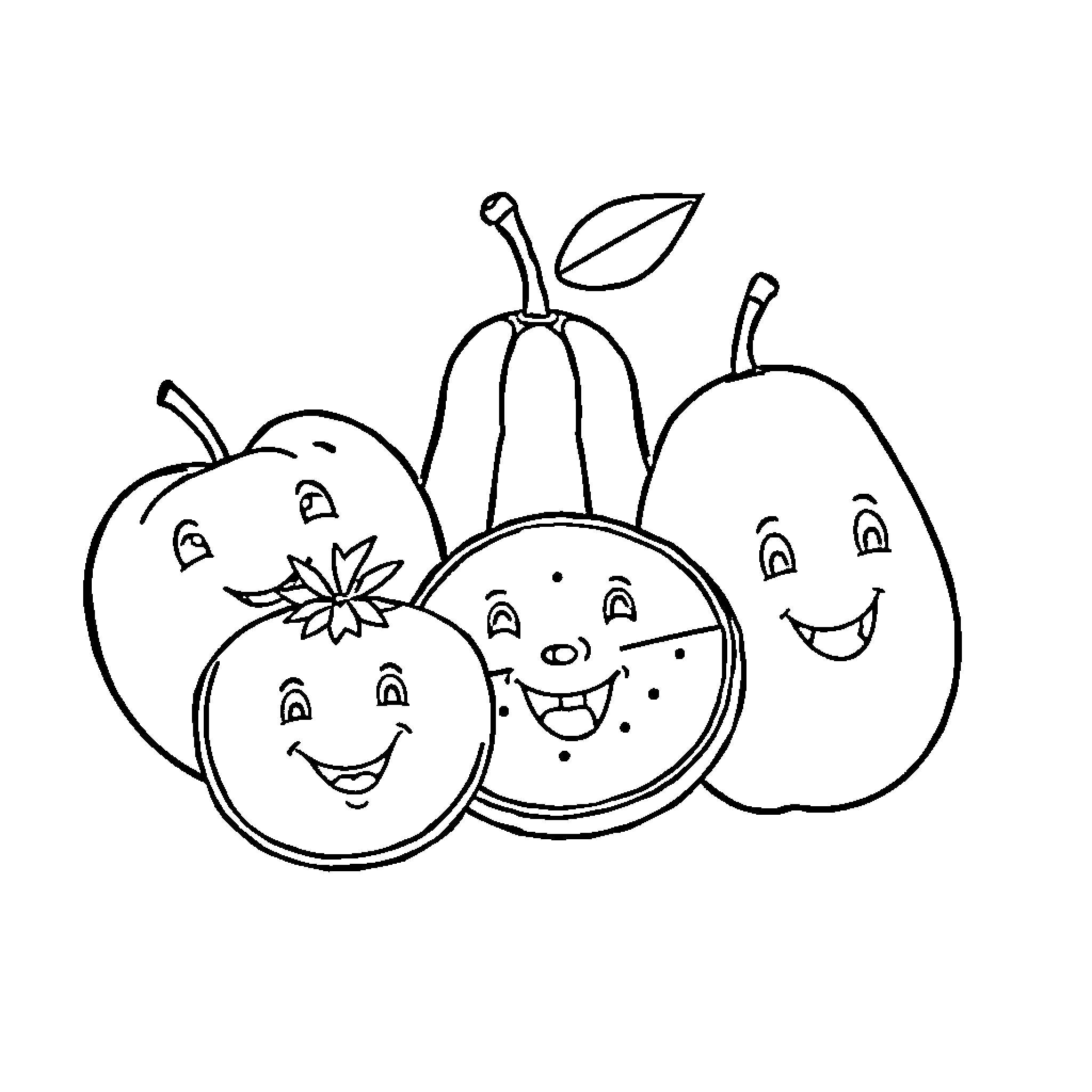 Fruit characters with happy expressions Coloring Page (free black-and-white line drawing printable PDF for all, from beginners to advanced learners, including children, teens, adults, and seniors)