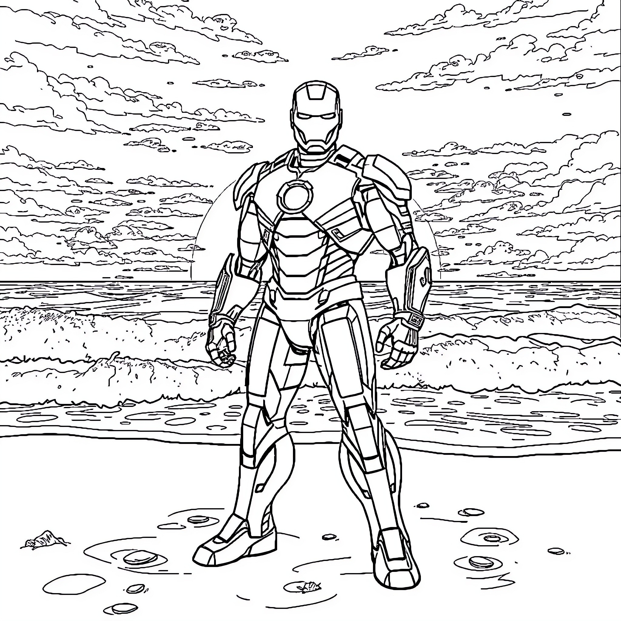 Iron Man standing in a dramatic oceanscape Coloring Page (free black-and-white line drawing printable PDF for all, from beginners to advanced learners, including children, teens, adults, and seniors)