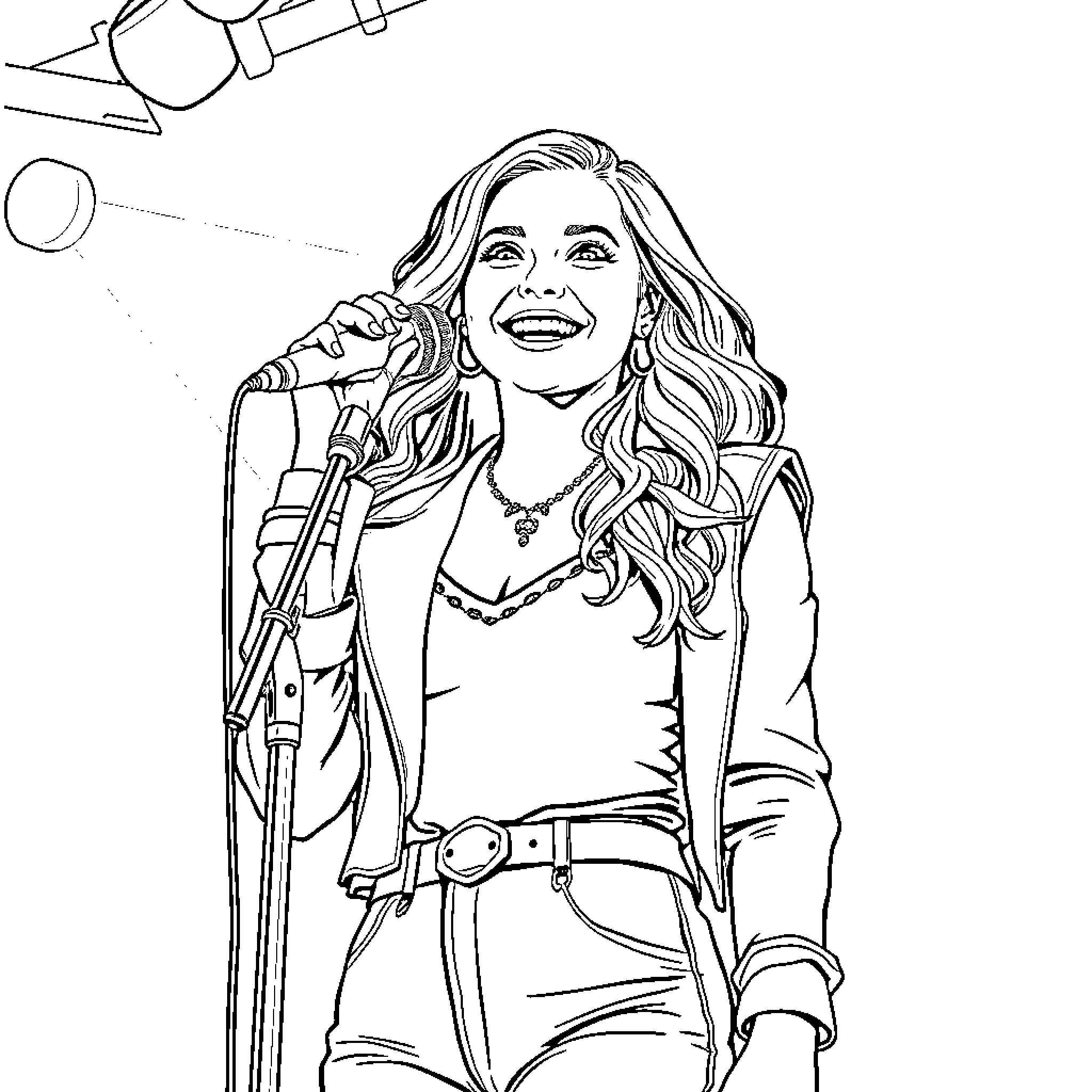 Sabrina Carpenter smiling and singing on stage Coloring Page (free black-and-white line drawing printable PDF for all, from beginners to advanced learners, including children, teens, adults, and seniors)