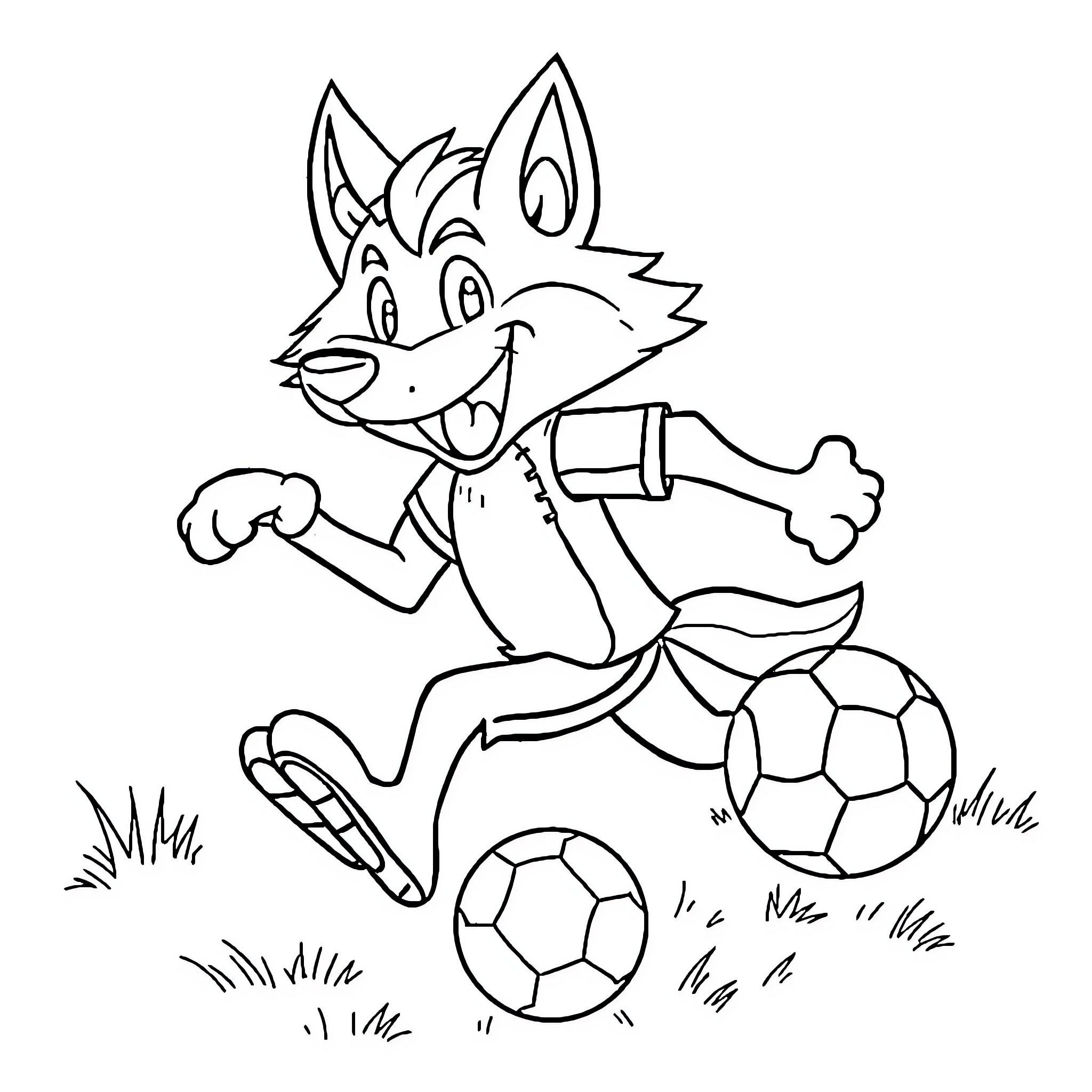 Wolf playing with soccer balls in the grass Coloring Page (free black-and-white line drawing printable PDF for all, from beginners to advanced learners, including children, teens, adults, and seniors)
