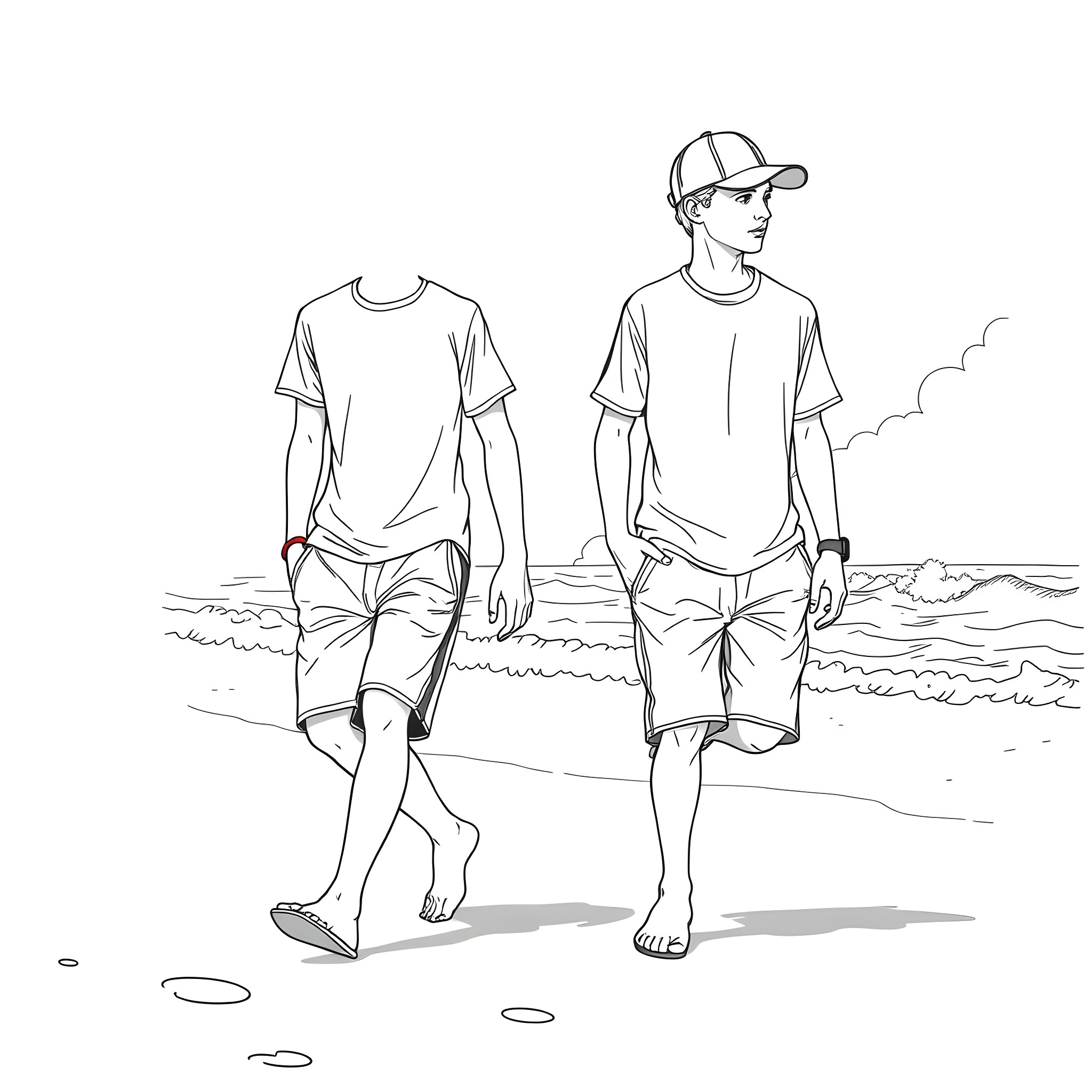 Teen Guy Strolling on the Beach Coloring Page (free black-and-white line drawing printable PDF for all, from beginners to advanced learners, including children, teens, adults, and seniors)
