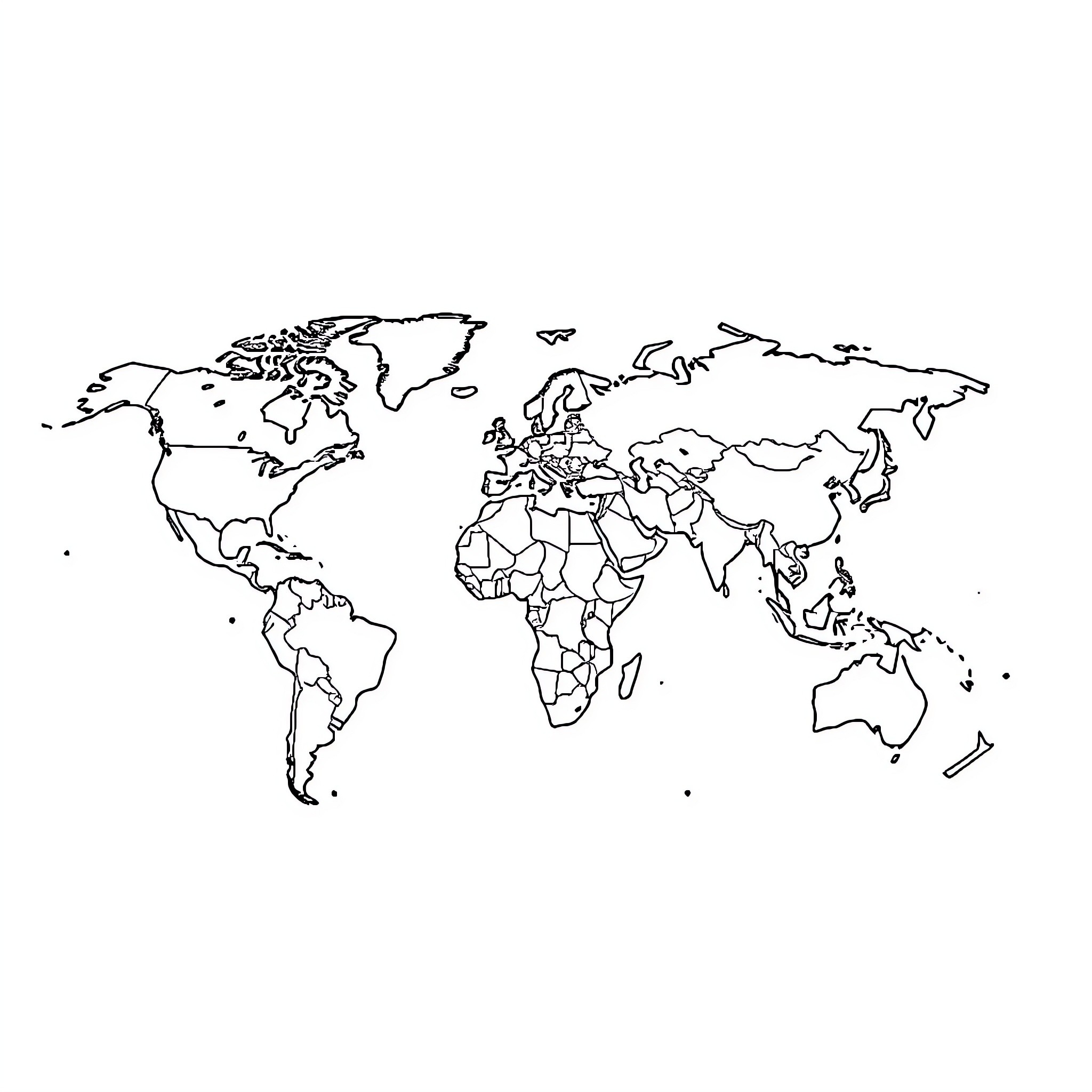 World Map with Continents and Countries Outlined Coloring Page (free black-and-white line drawing printable PDF for all, from beginners to advanced learners, including children, teens, adults, and seniors)