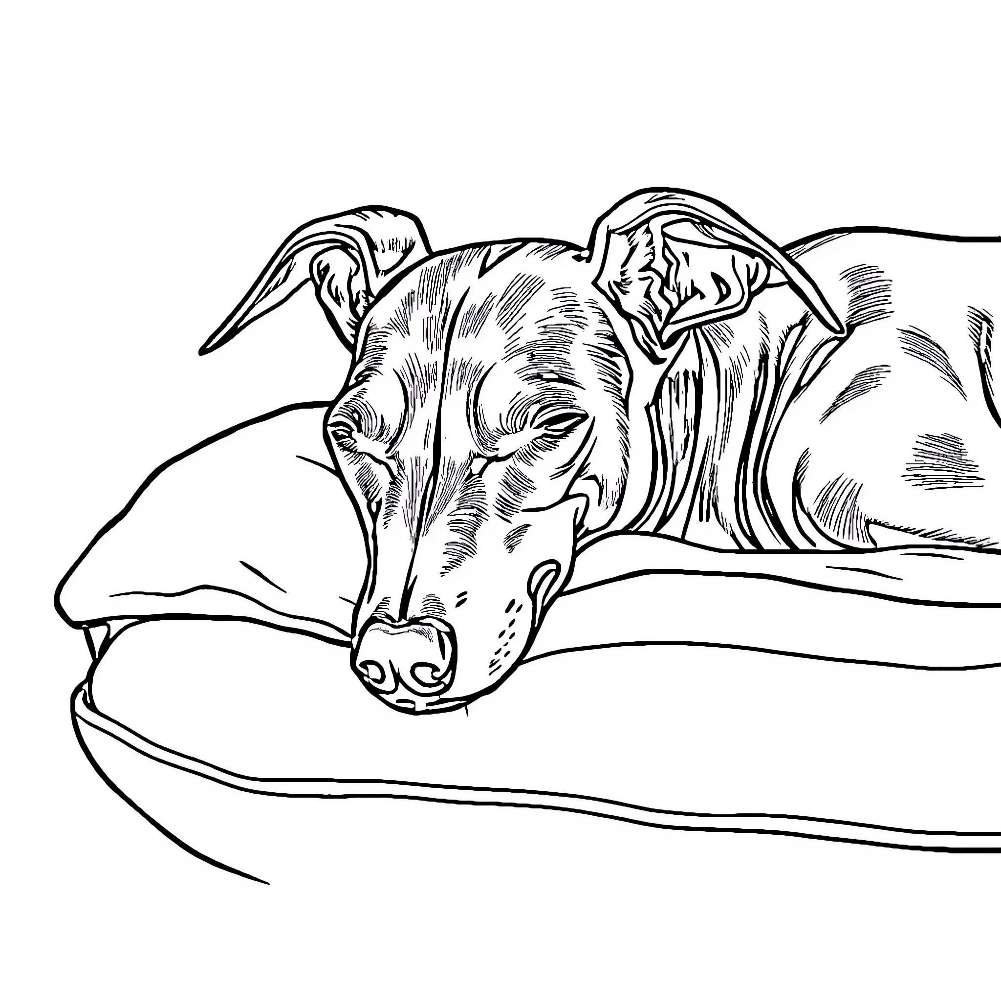 Italian Greyhound sleeping peacefully on a cushion Coloring Page (free black-and-white line drawing printable PDF for all, from beginners to advanced learners, including children, teens, adults, and seniors)