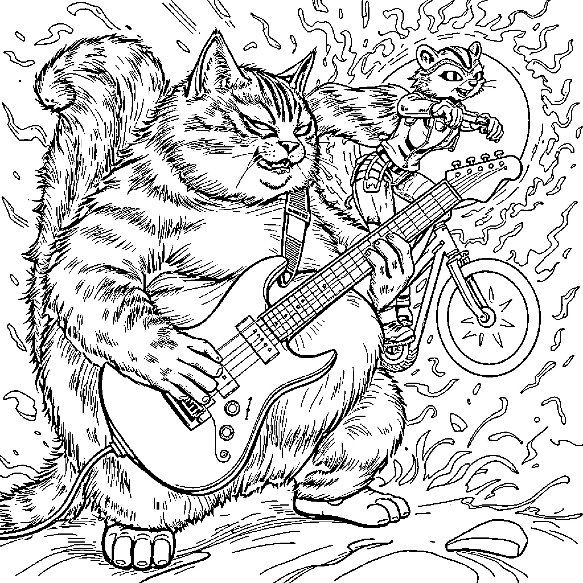 Cats rocking out with electric guitars Coloring Page (free black-and-white line drawing printable PDF for all, from beginners to advanced learners, including children, teens, adults, and seniors)