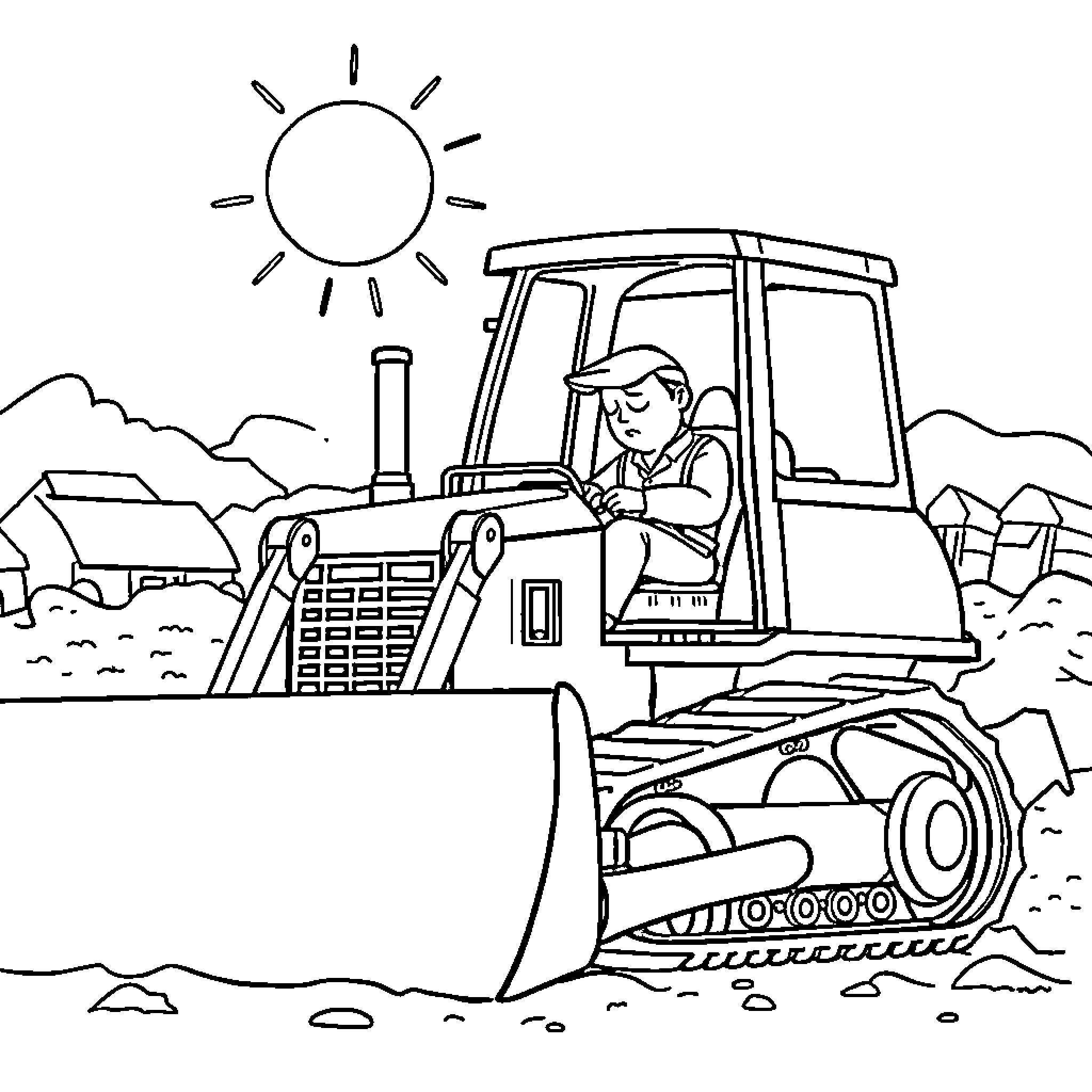 Bulldozer operator working in rural landscape Coloring Page (free black-and-white line drawing printable PDF for all, from beginners to advanced learners, including children, teens, adults, and seniors)