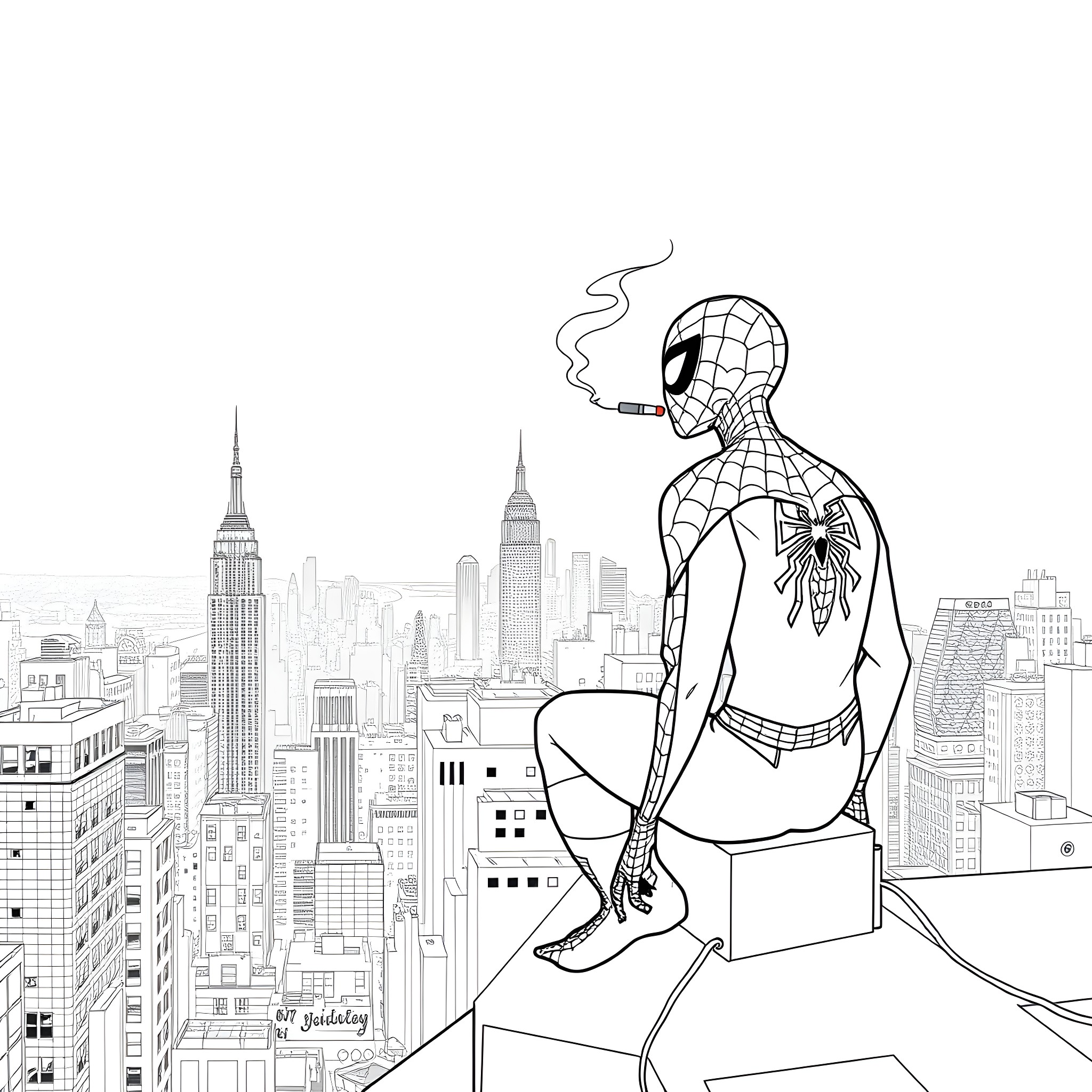 Spiderman surveying the cityscape from a rooftop Coloring Page (free black-and-white line drawing printable PDF for all, from beginners to advanced learners, including children, teens, adults, and seniors)