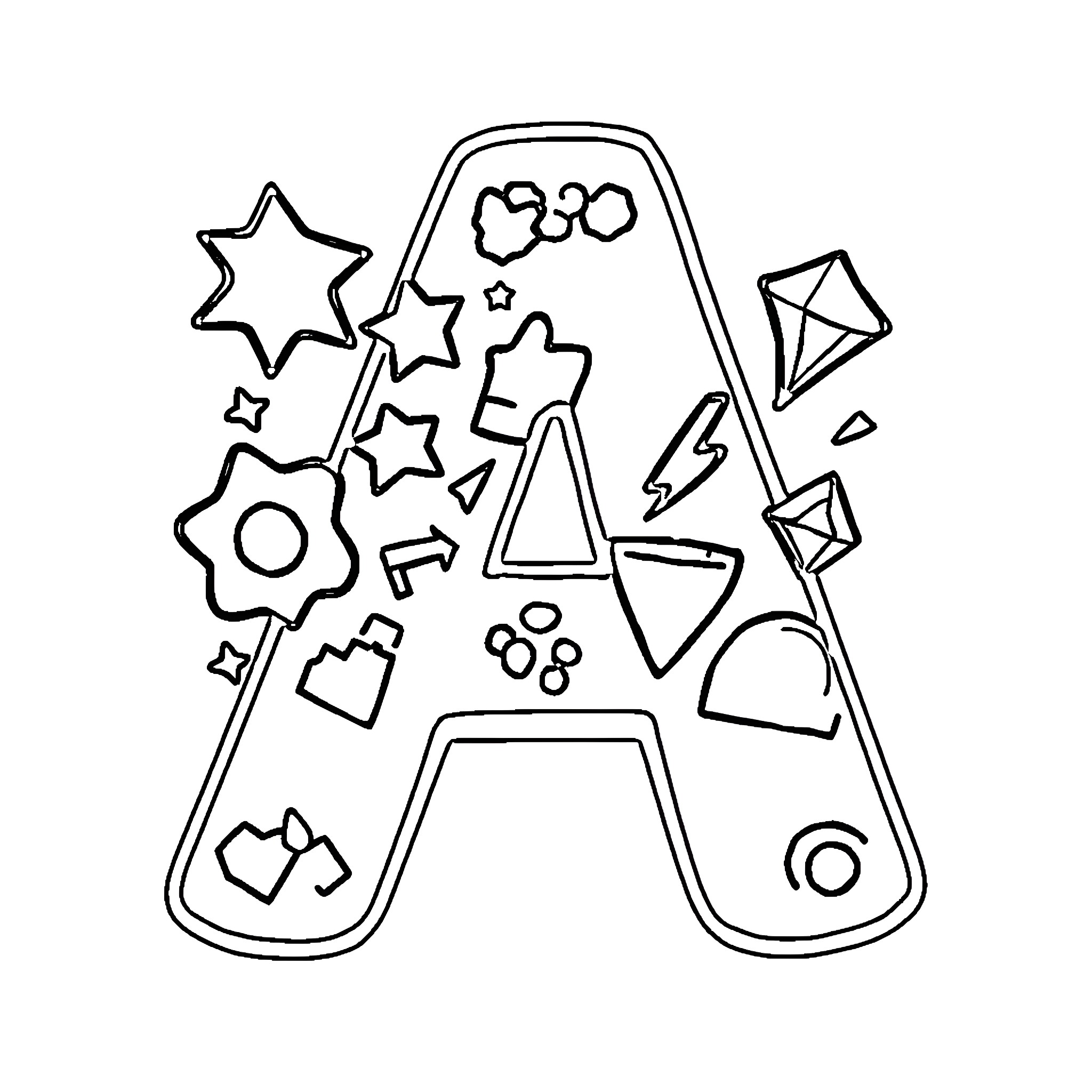 Letter A composed of various geometric shapes Coloring Page (free black-and-white line drawing printable PDF for all, from beginners to advanced learners, including children, teens, adults, and seniors)