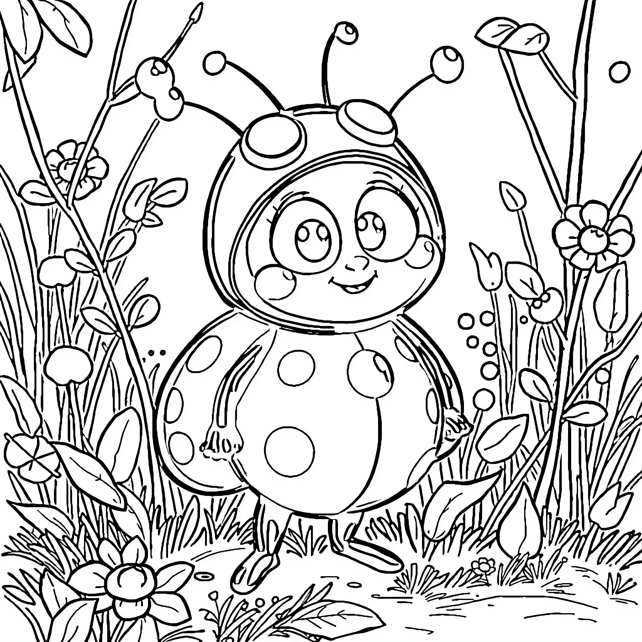 Coccinelle Exploring the Vibrant Garden Coloring Page (free black-and-white line drawing printable PDF for all, from beginners to advanced learners, including children, teens, adults, and seniors)